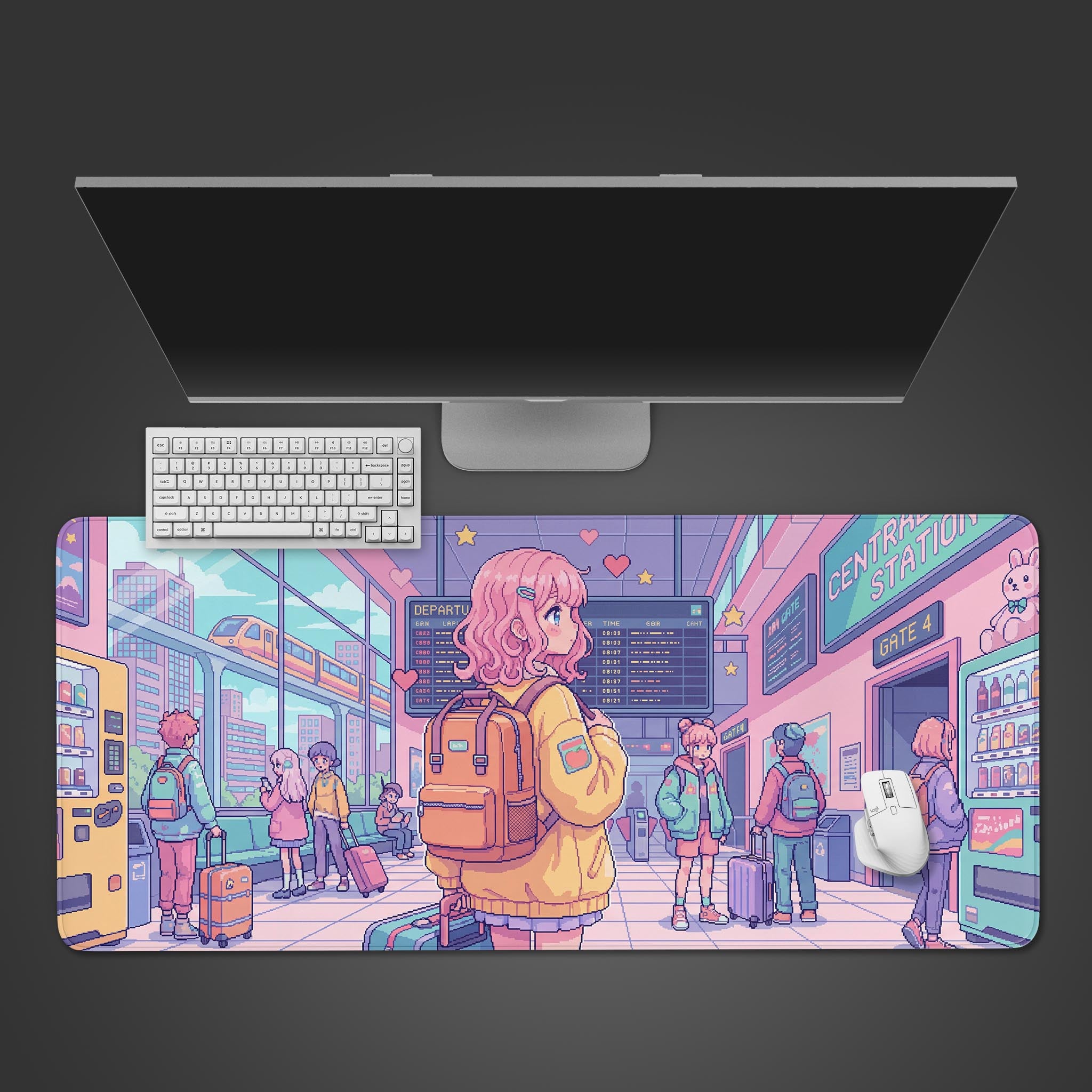 A top-down view of the Pixel Transit gaming desk mat featuring a colorful anime train station, shown with a white keyboard and mouse on a dark surface. - Epic Design Pads & Mousepads