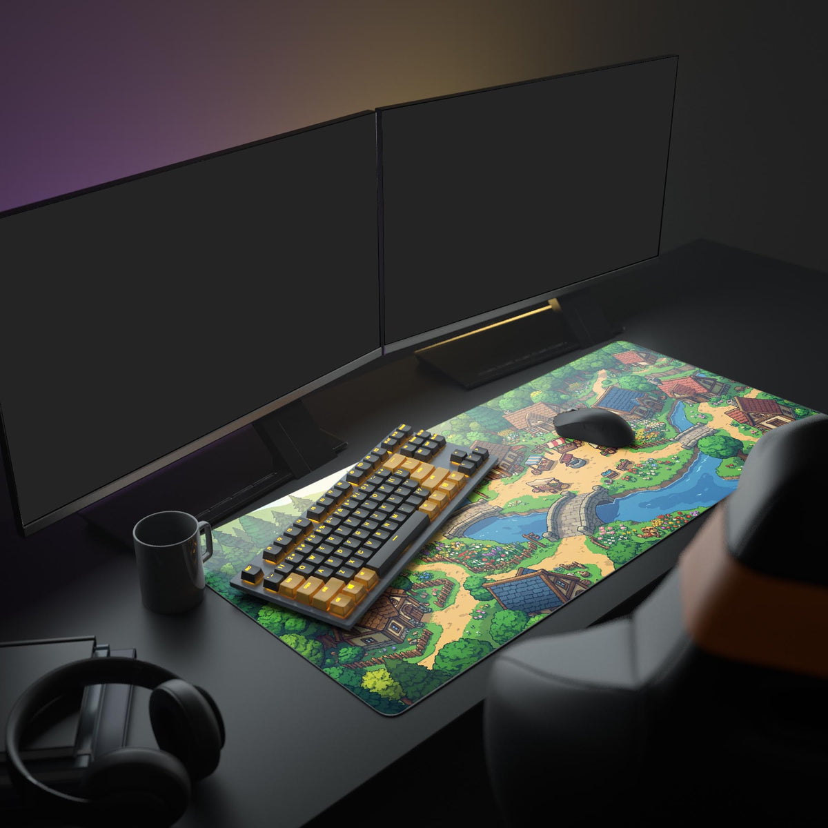 A cozy gaming setup featuring the Pixel Valley XL Mouse Pad, which displays a vibrant pixel art village beneath a monitor, keyboard, and mouse. - Epic Design Pads & Mousepads