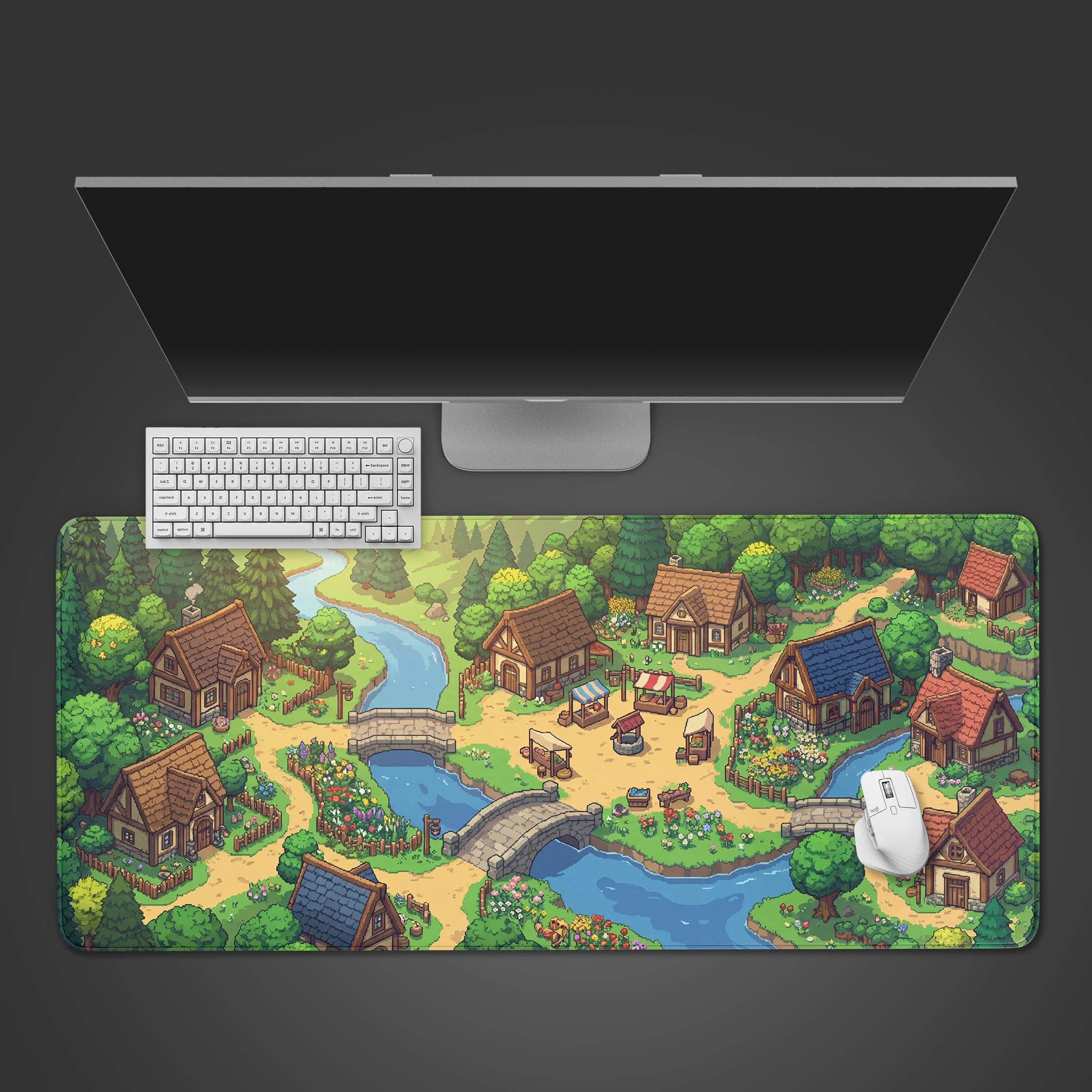 Top-down view of the Pixel Valley Gaming Desk Mat featuring a retro RPG village, shown with a white keyboard and mouse on a dark background. - Epic Design Pads & Mousepads