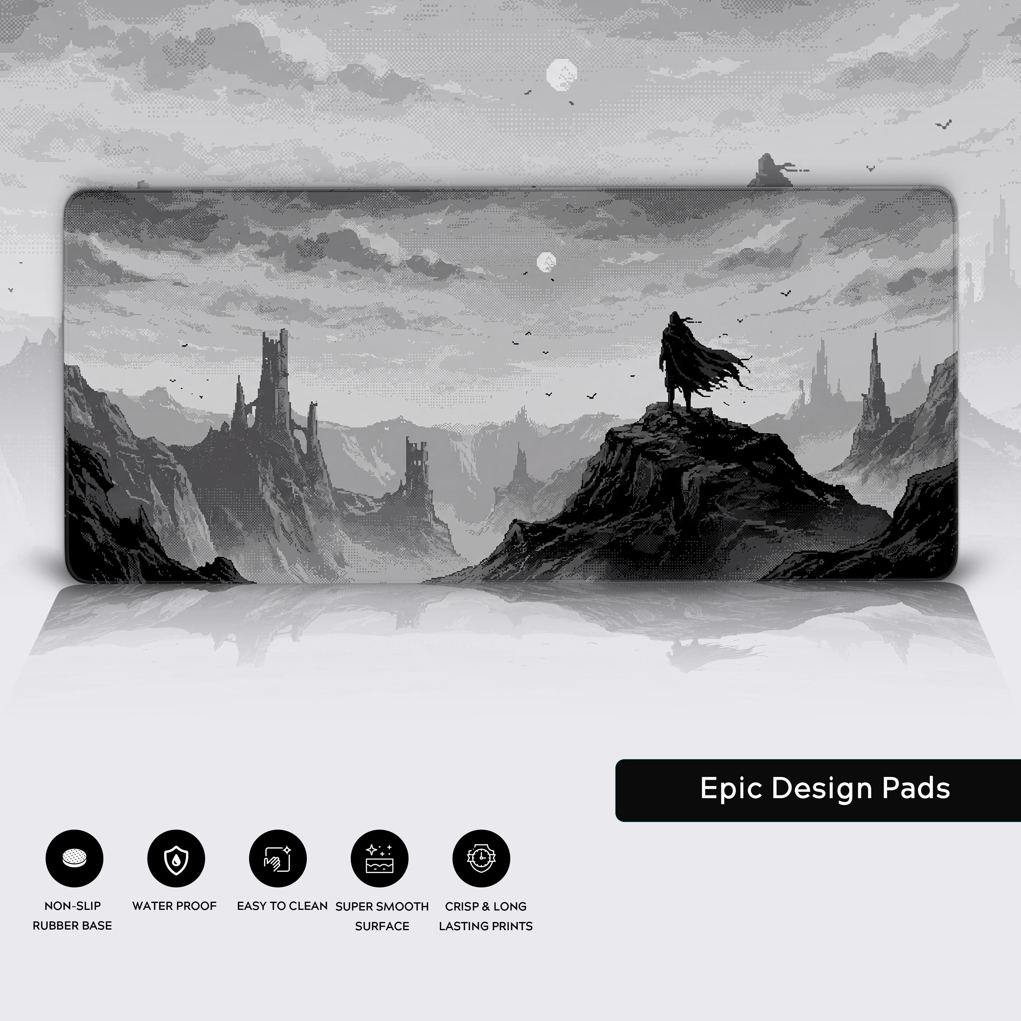 Features of the Pixel Wanderer desk mat highlighting its non-slip rubber base, waterproof surface, and crisp prints.