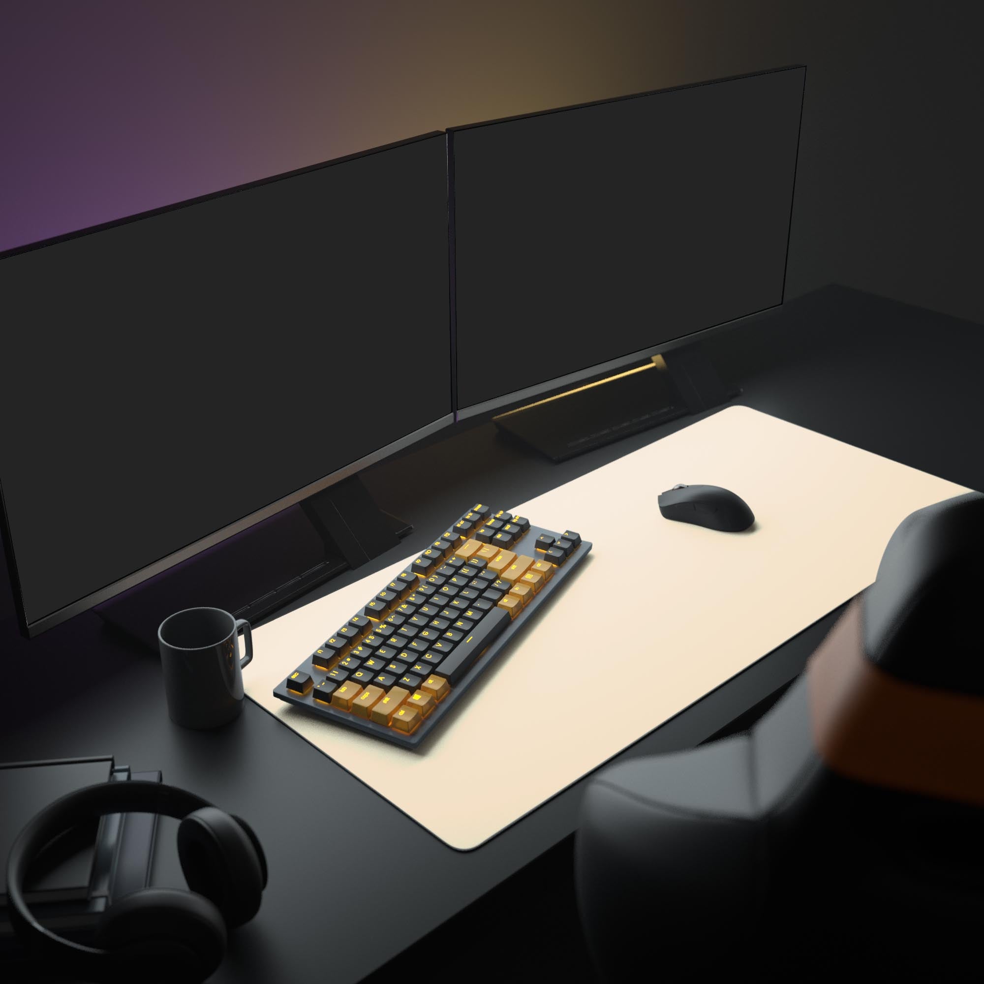 The large Plain Neutral cream mouse pad anchors a clean desk setup, featuring a sleek monitor, a white gaming keyboard, and an ergonomic mouse. - Epic Design Pads & Mousepads