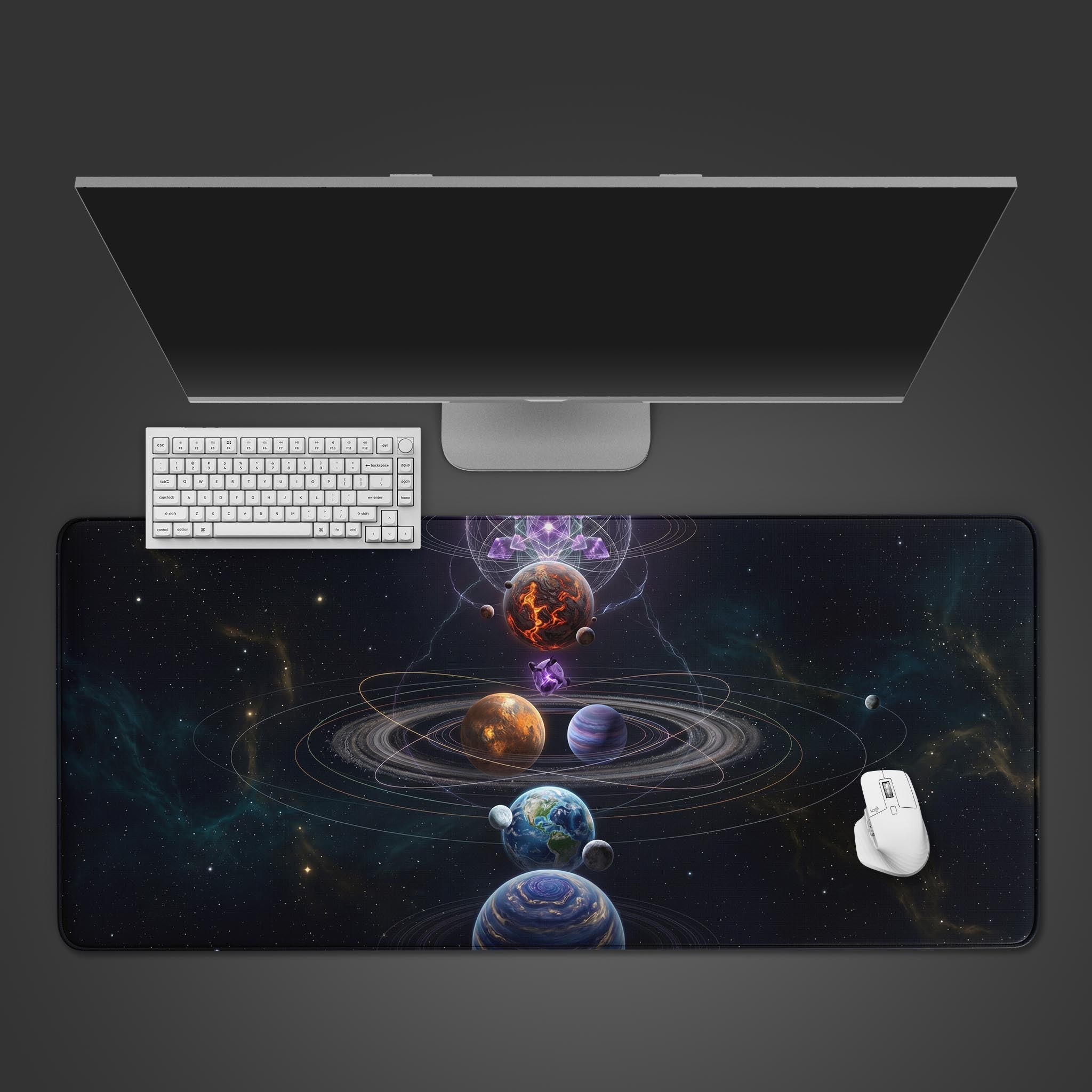 Epic cosmic planetary alignment desk mat featuring glowing energy fields