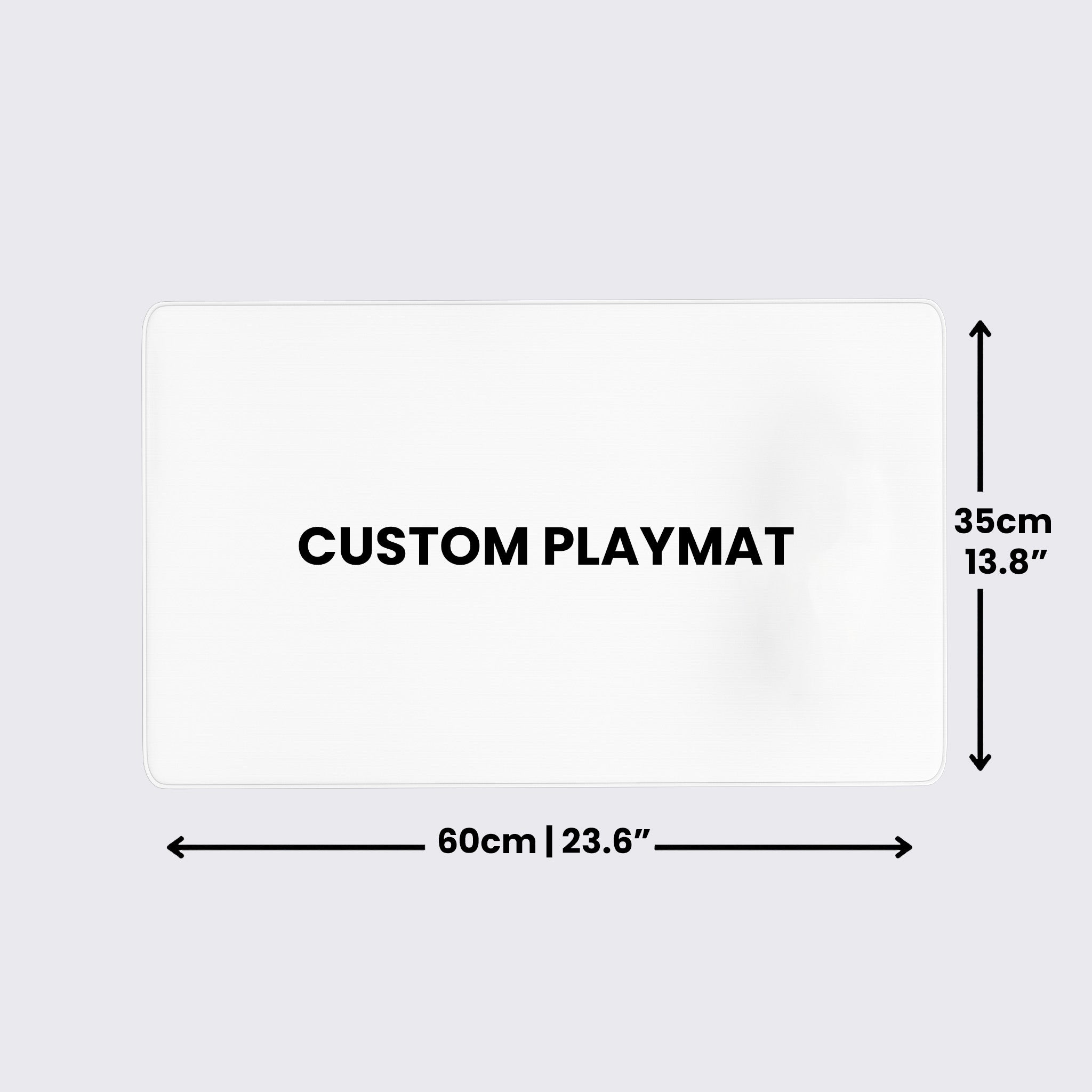 White rectangular custom playmat with dimensions on a light gray background