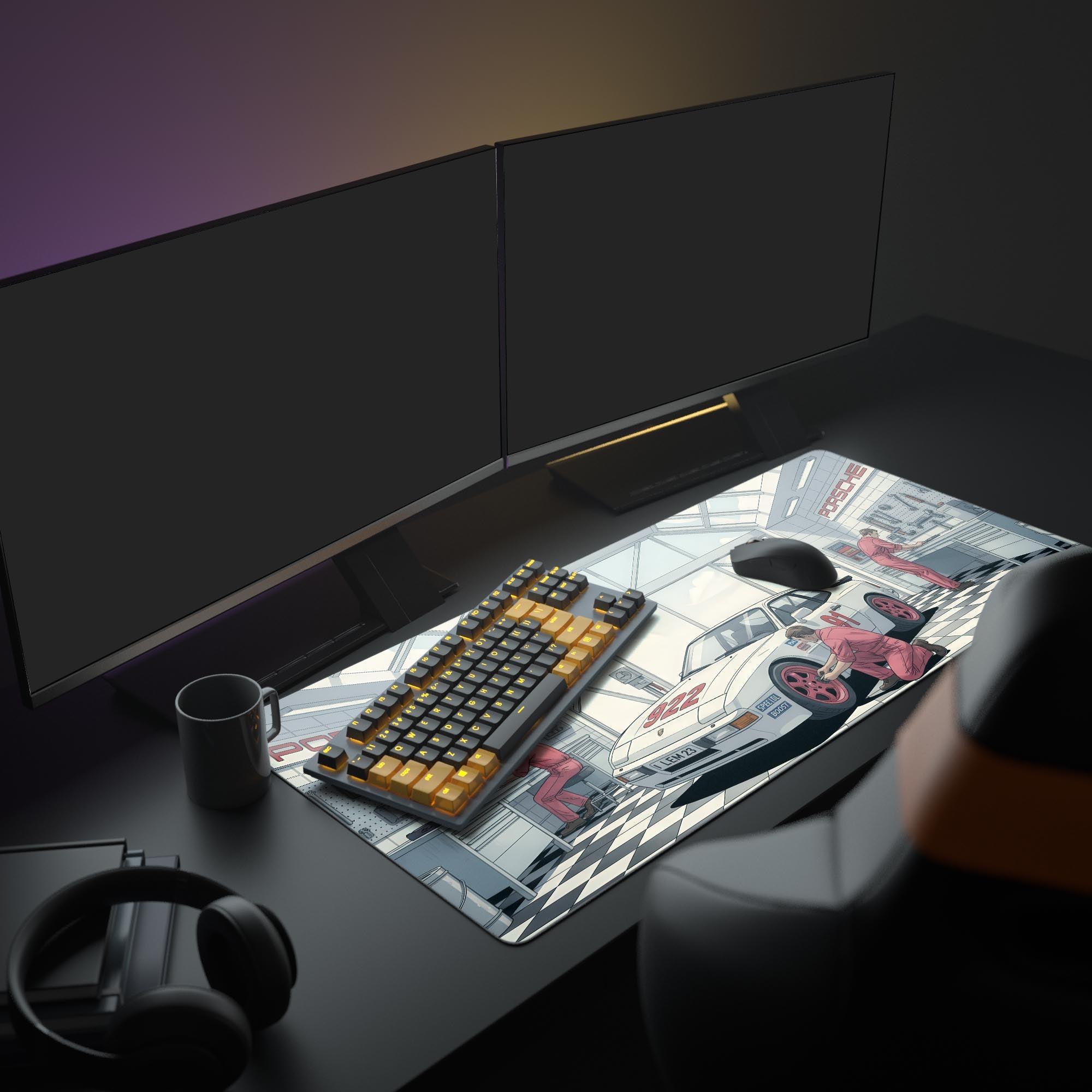 Porsche 944 race car desk mat featuring a detailed garage scene with mechanics and checkered floor, perfect for gaming and automotive enthusiasts - Epic Design Pads & Mousepads