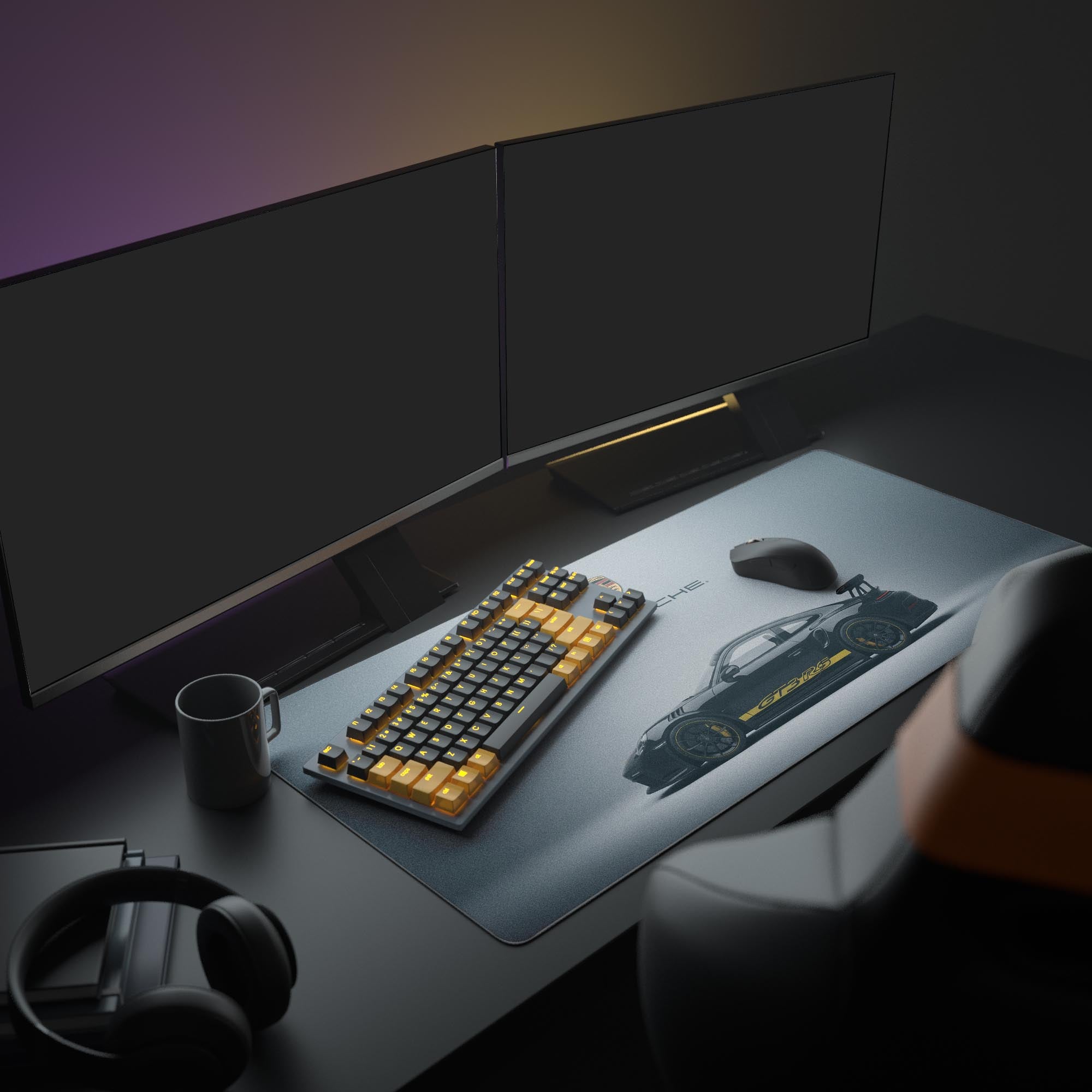 Studio GT3 desk mat featuring Porsche 911 GT3 RS silhouette with yellow GT3 RS decal, perfect for minimalist gaming setups - Epic Design Pads & Mousepads