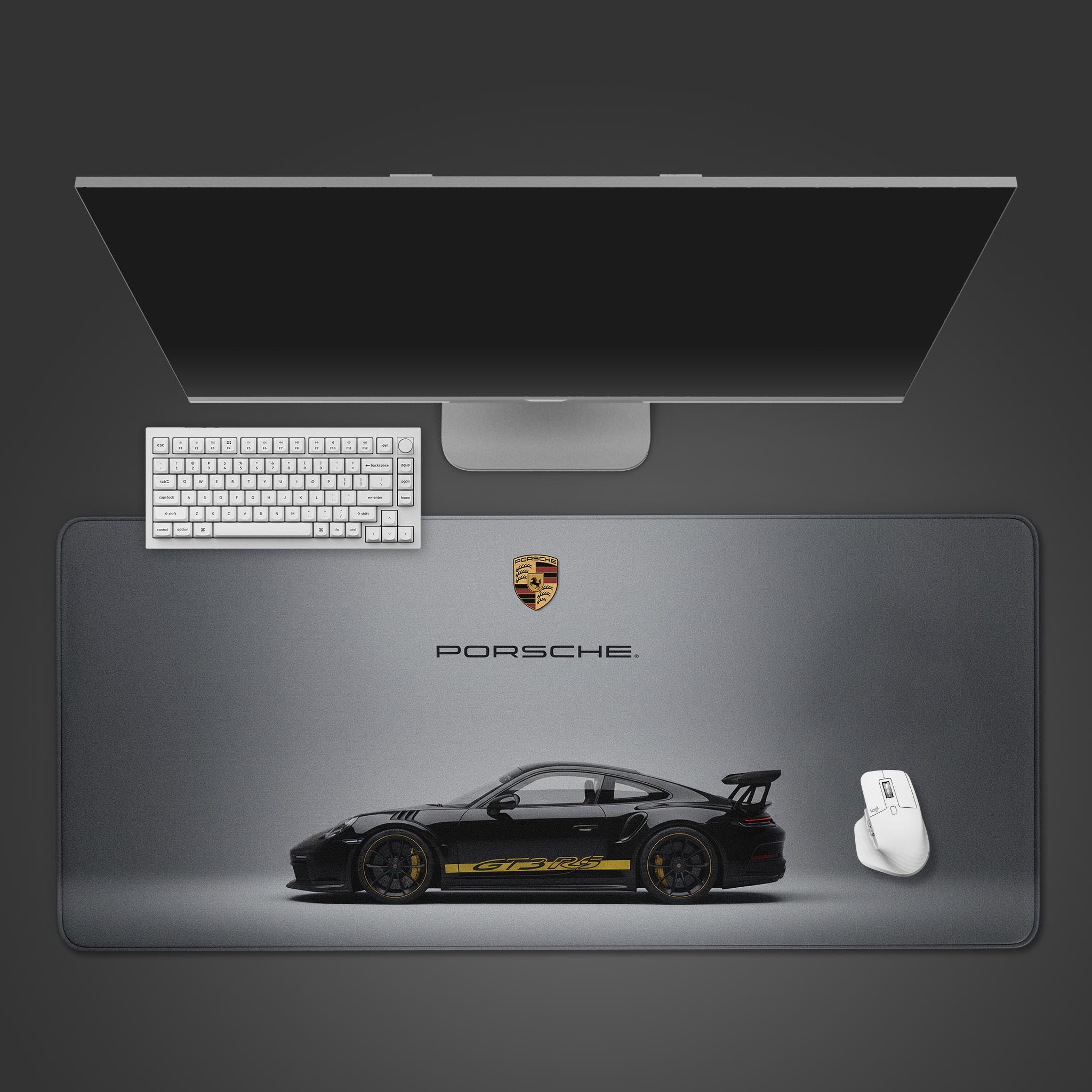 Minimalist Porsche 911 GT3 RS desk mat with sleek black design and yellow GT3 RS decal on gradient grey background - Epic Design Pads & Mousepads
