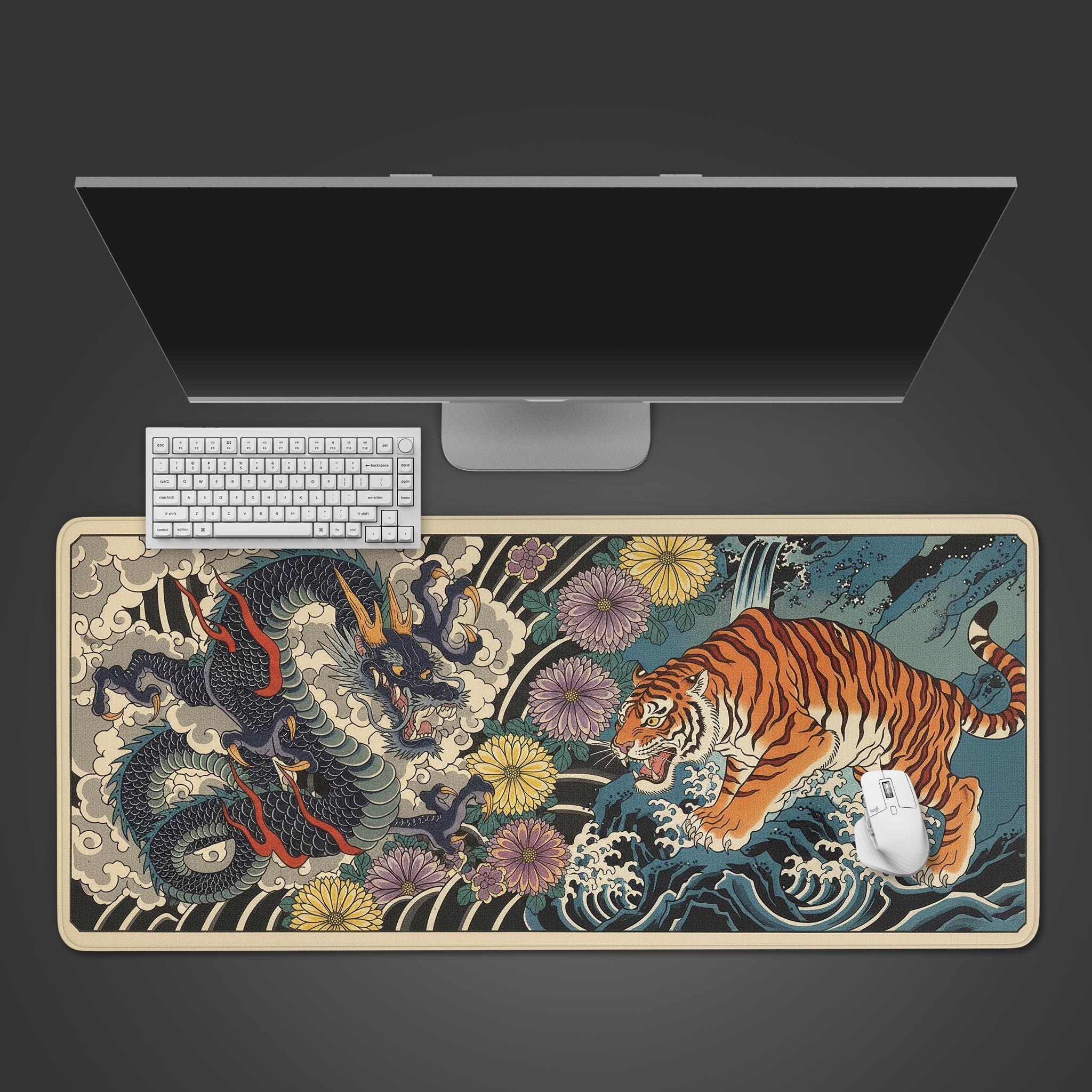 Primal Balance Japanese desk mat with Ukiyo-e dragon and tiger art – top-down desktop view with a black keyboard and mouse. - Epic Design Pads