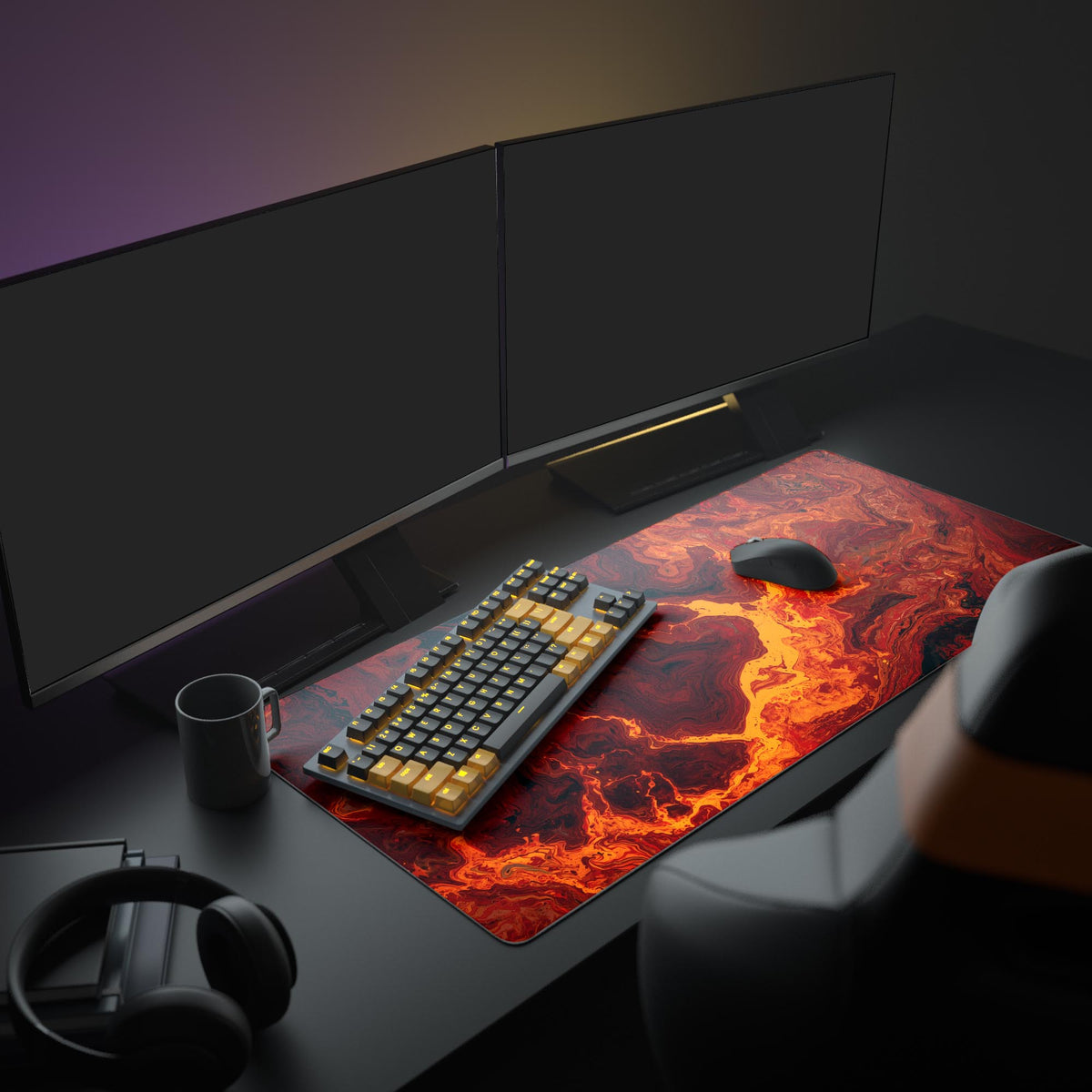 Primal Flow gaming desk mat shown in a complete desk setup. The fiery abstract art complements dual monitors, a mechanical keyboard, and gaming mouse for a powerful aesthetic. - Epic Design Pads & Mousepads