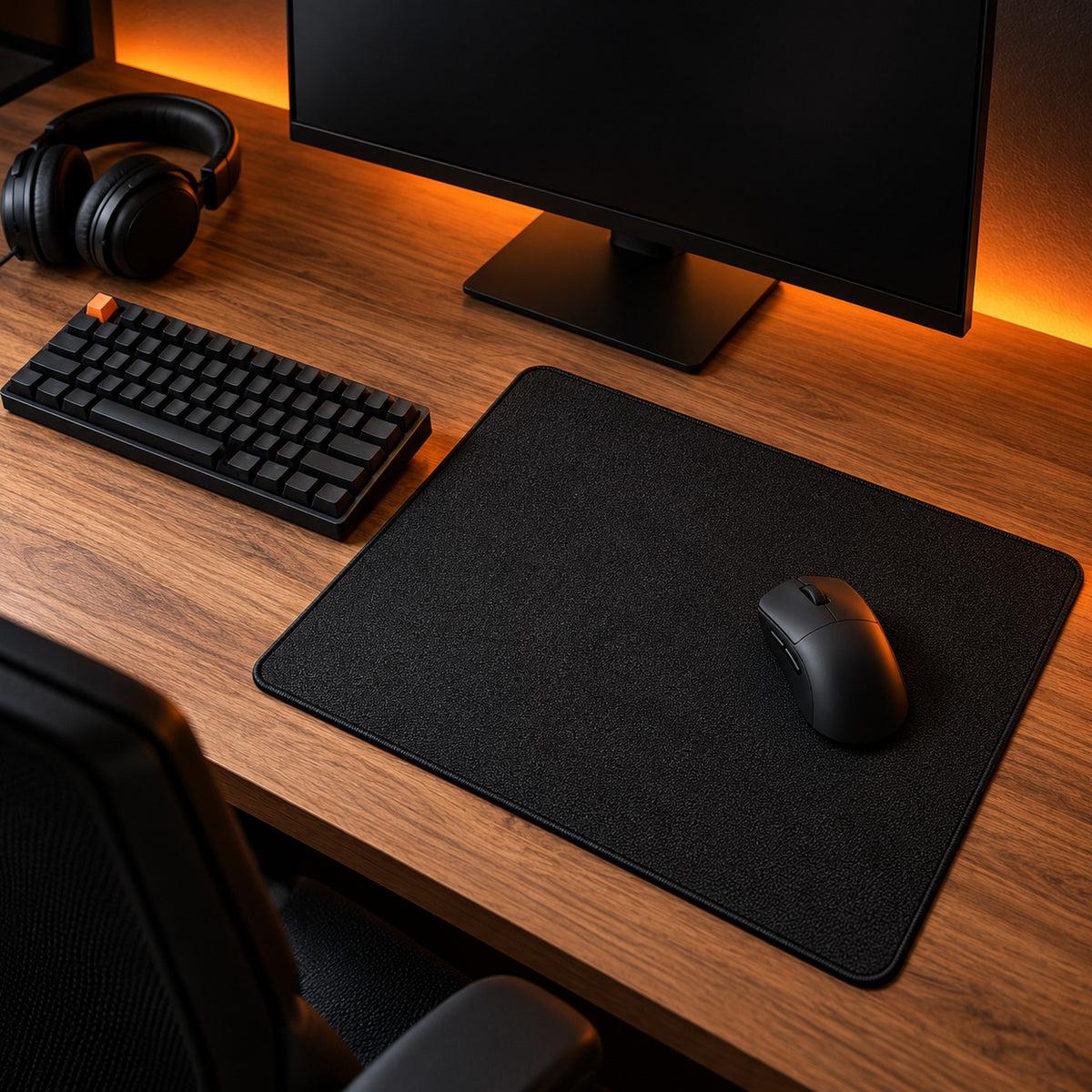 Pro Series 490 black mouse pad on a walnut desk at night under orange backlight, with a black gaming mouse and keyboard