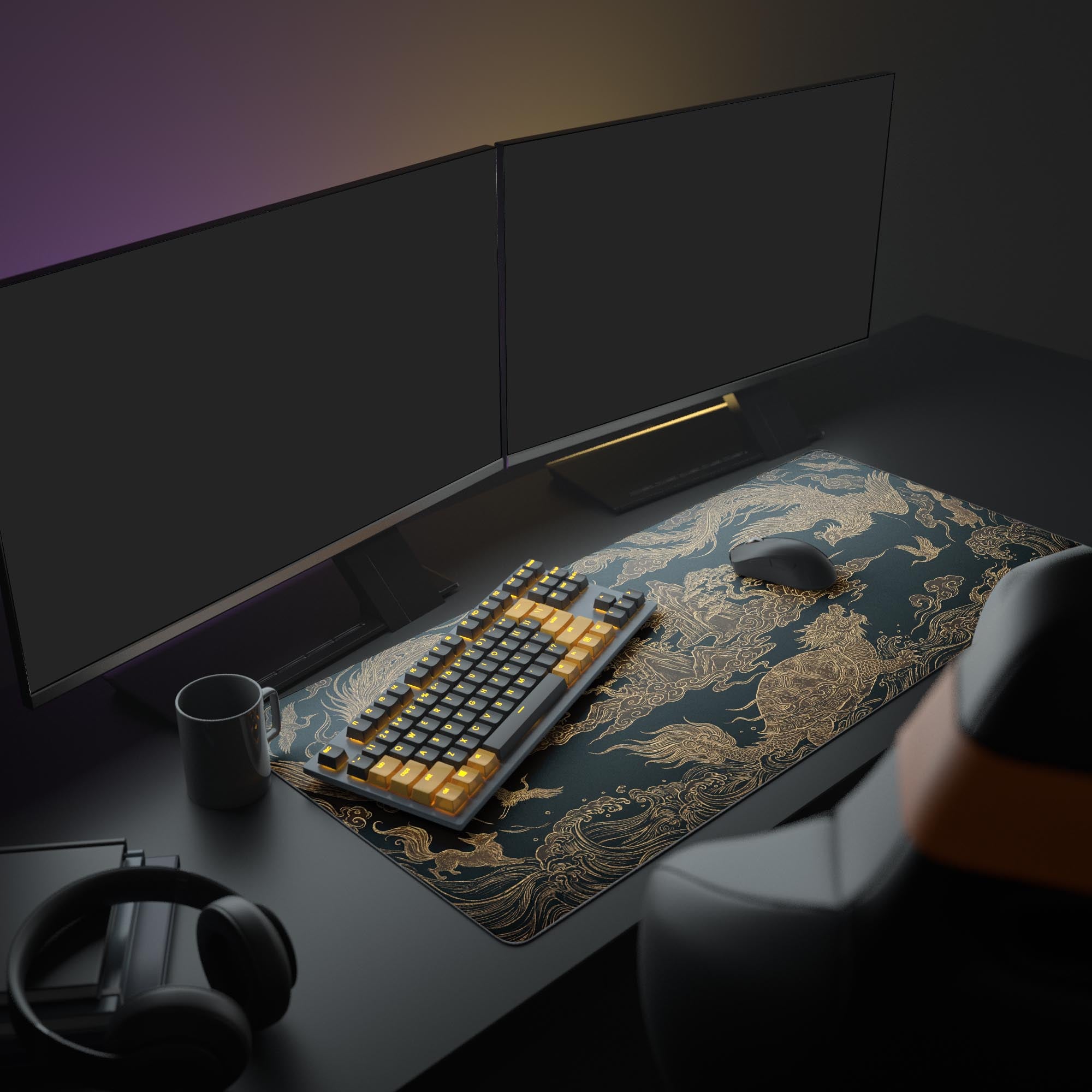 A modern computer setup featuring the black and gold Prosperity Weave gaming desk mat, which provides a large, stylish surface for a keyboard and mouse under a monitor. - Epic Design Pads & Mousepads