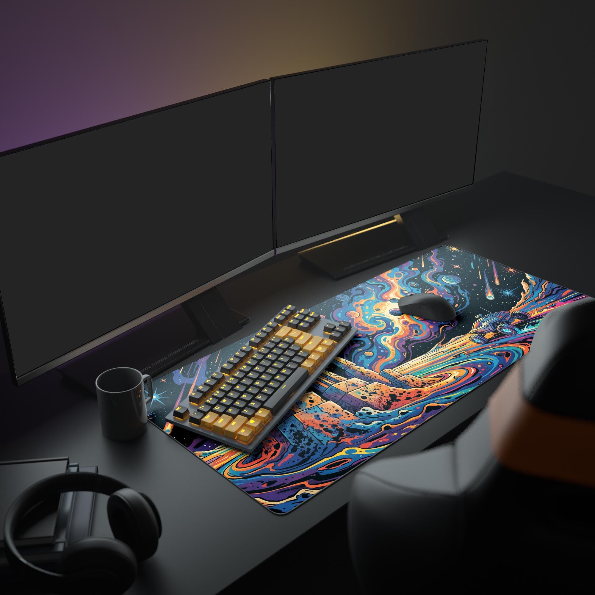 A modern desk setup featuring the Psychedelic Frontier XL mouse pad, which adds a vibrant, chaotic splash of color beneath a widescreen monitor, keyboard, and mouse. - Epic Design Pads & Mousepads