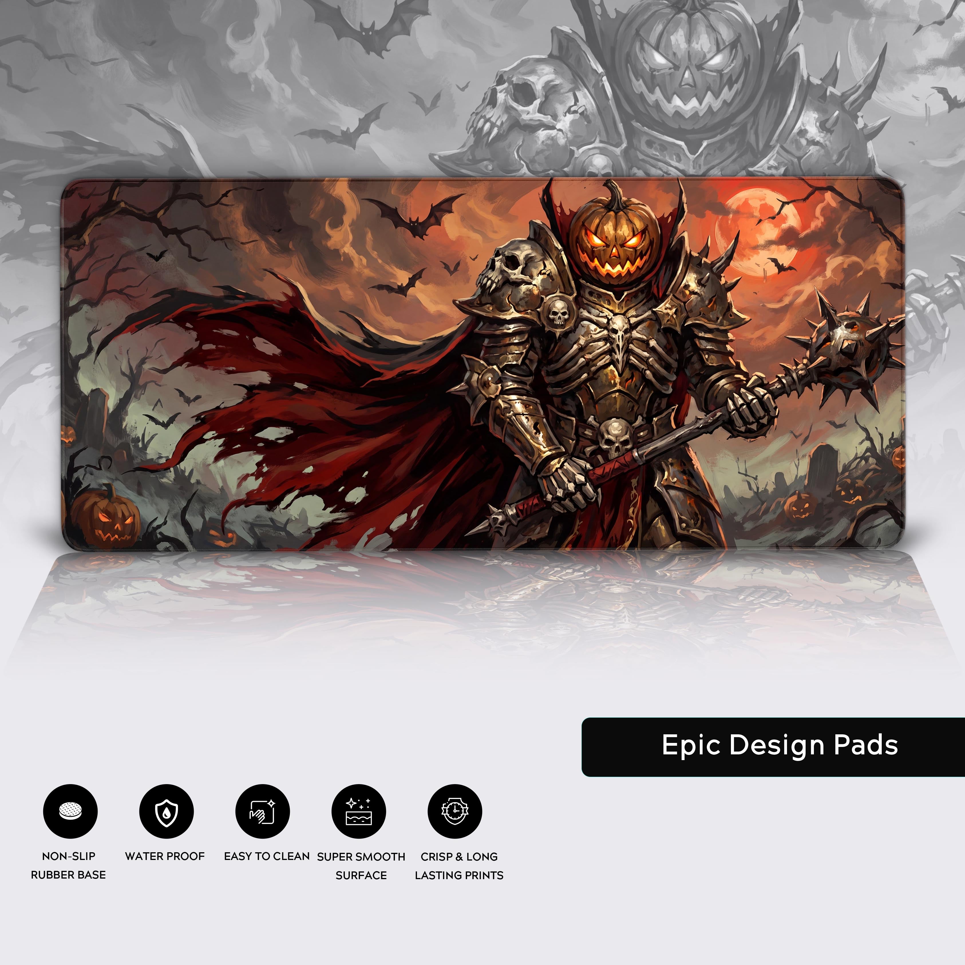 Full view of the dark fantasy Halloween desk mat showcasing the pumpkin knight, flying bats, and a spooky graveyard setting.