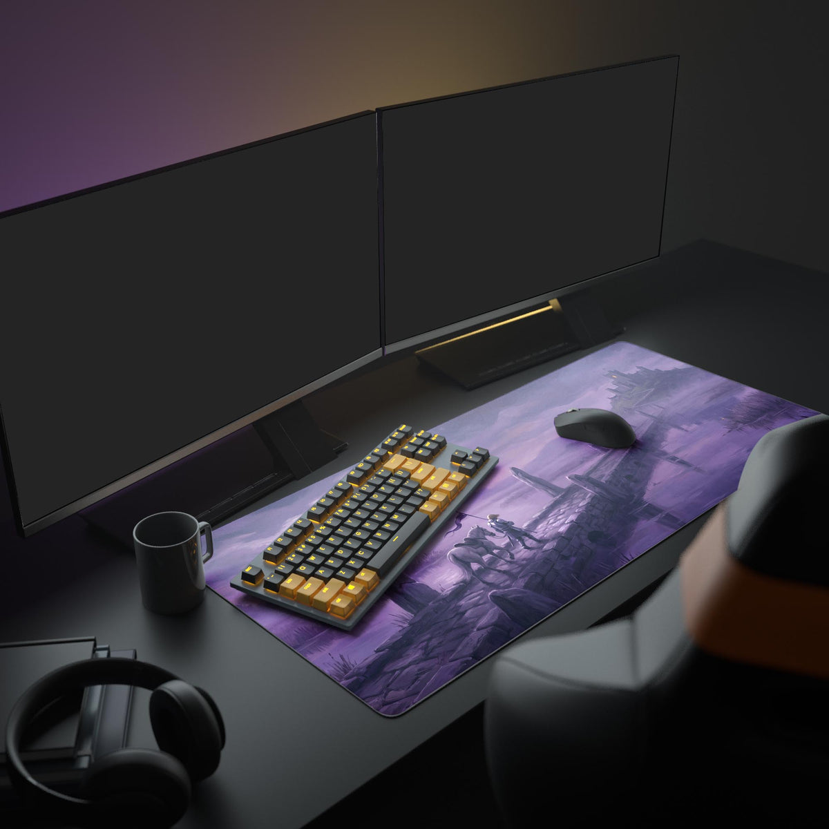 Purple knight and white horse mat on a dark desk with two monitors, black and amber keyboard, mouse, mug and headphones