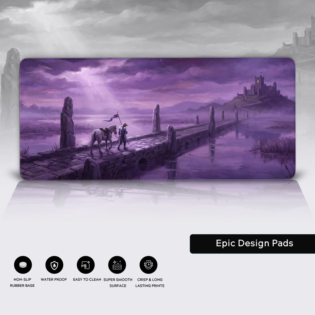 Features panel of the purple knight and castle mat over a faded gray copy of its art, with five feature icons below