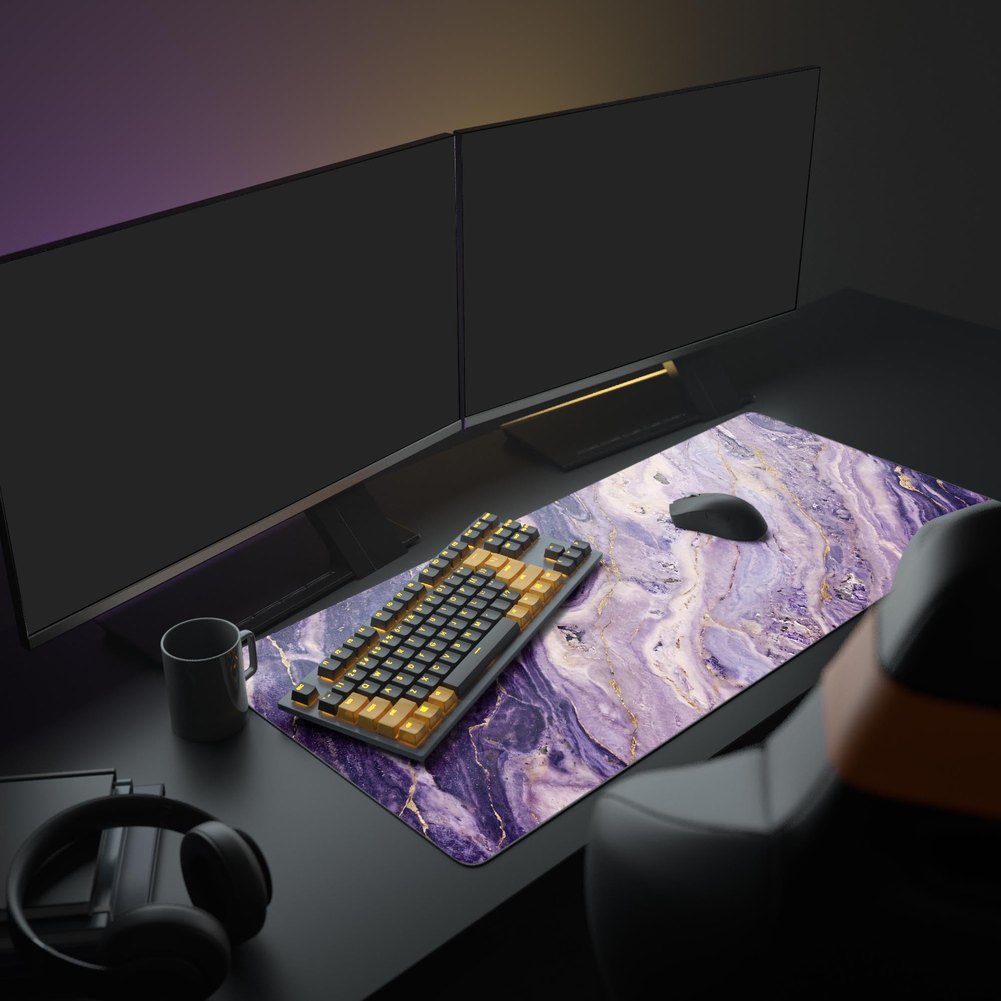 Close-up of the elegant fluid art patterns with vibrant violet hues and striking gold veins.