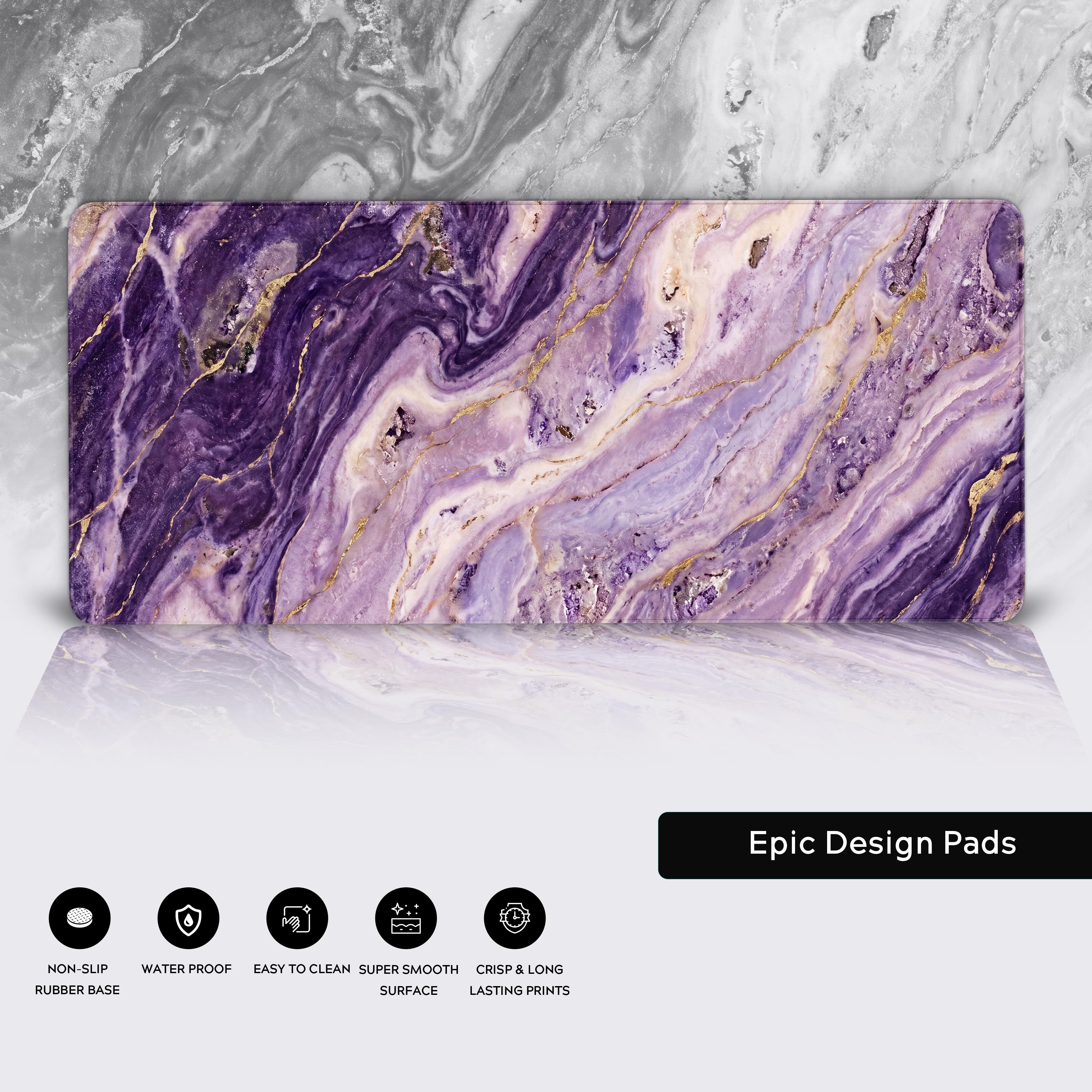 Epic Design Pads purple marble extended mousepad highlighting waterproof and non-slip rubber base features.