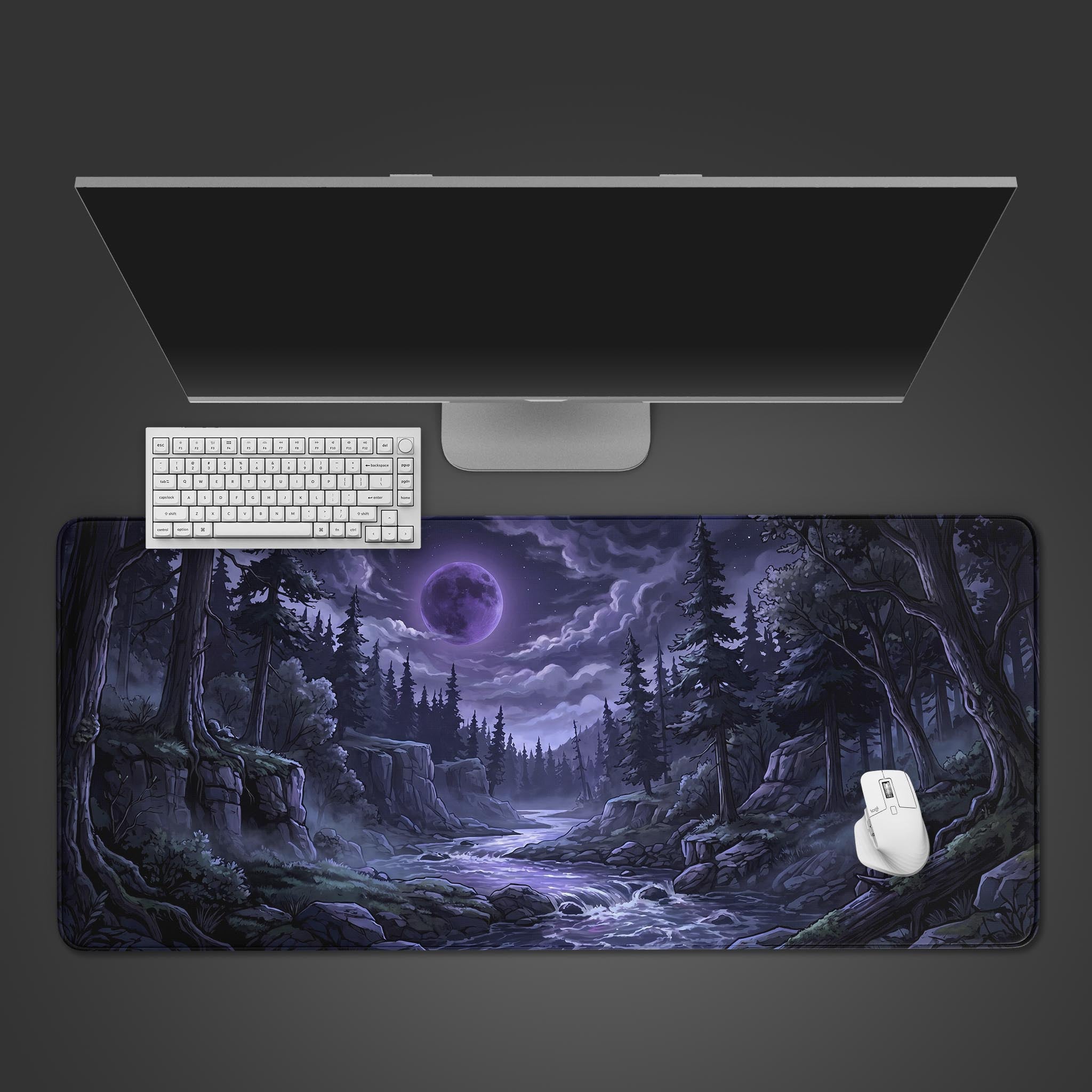 Mystic Lunar Forest desk mat featuring a glowing purple moon over a dark pine forest and winding river