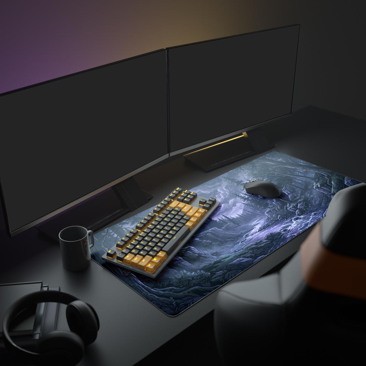 Close-up of the smooth tracking surface showing misty forest details and high-resolution purple moon art