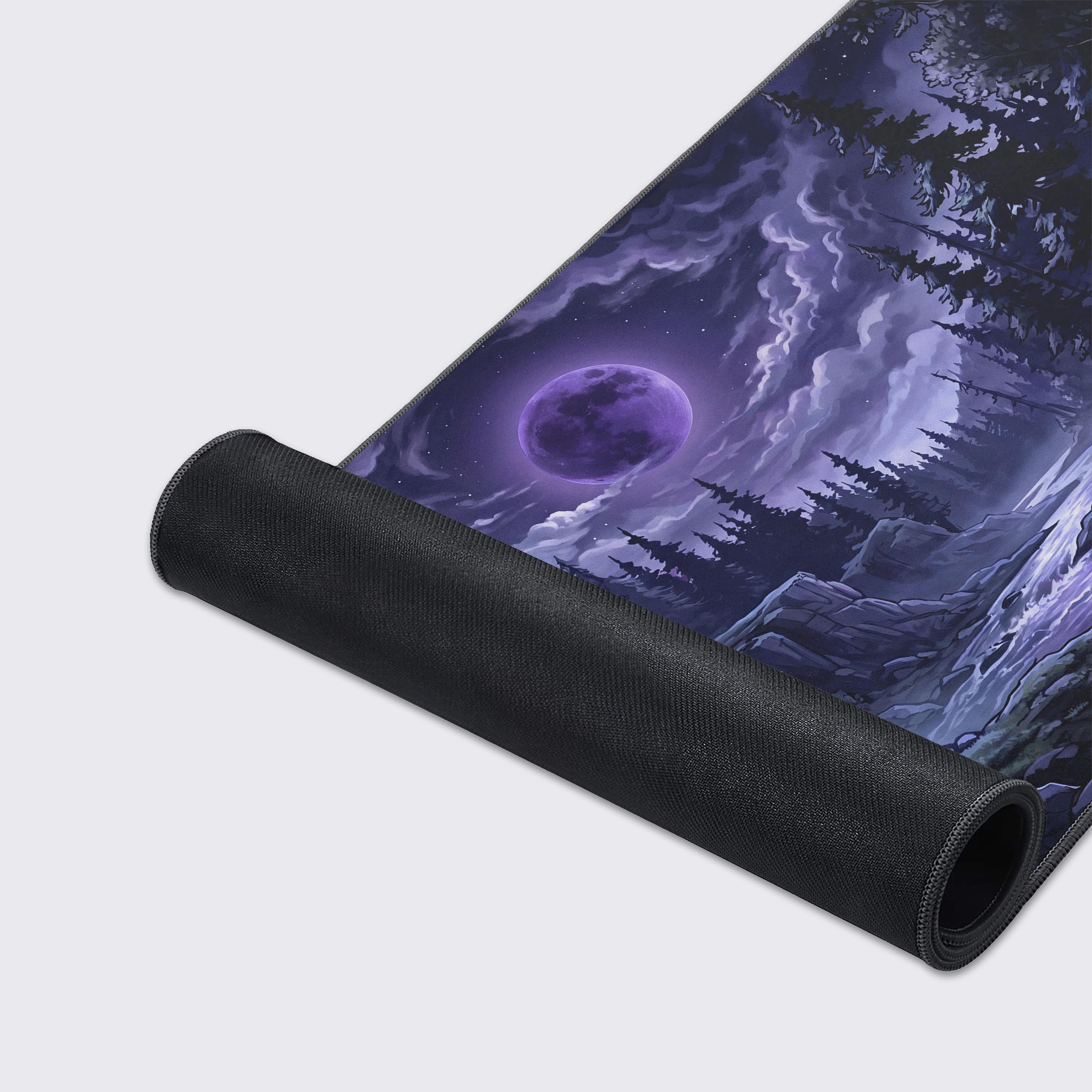 Dark fantasy gaming desk mat unrolled to display edge-to-edge mystical landscape printing