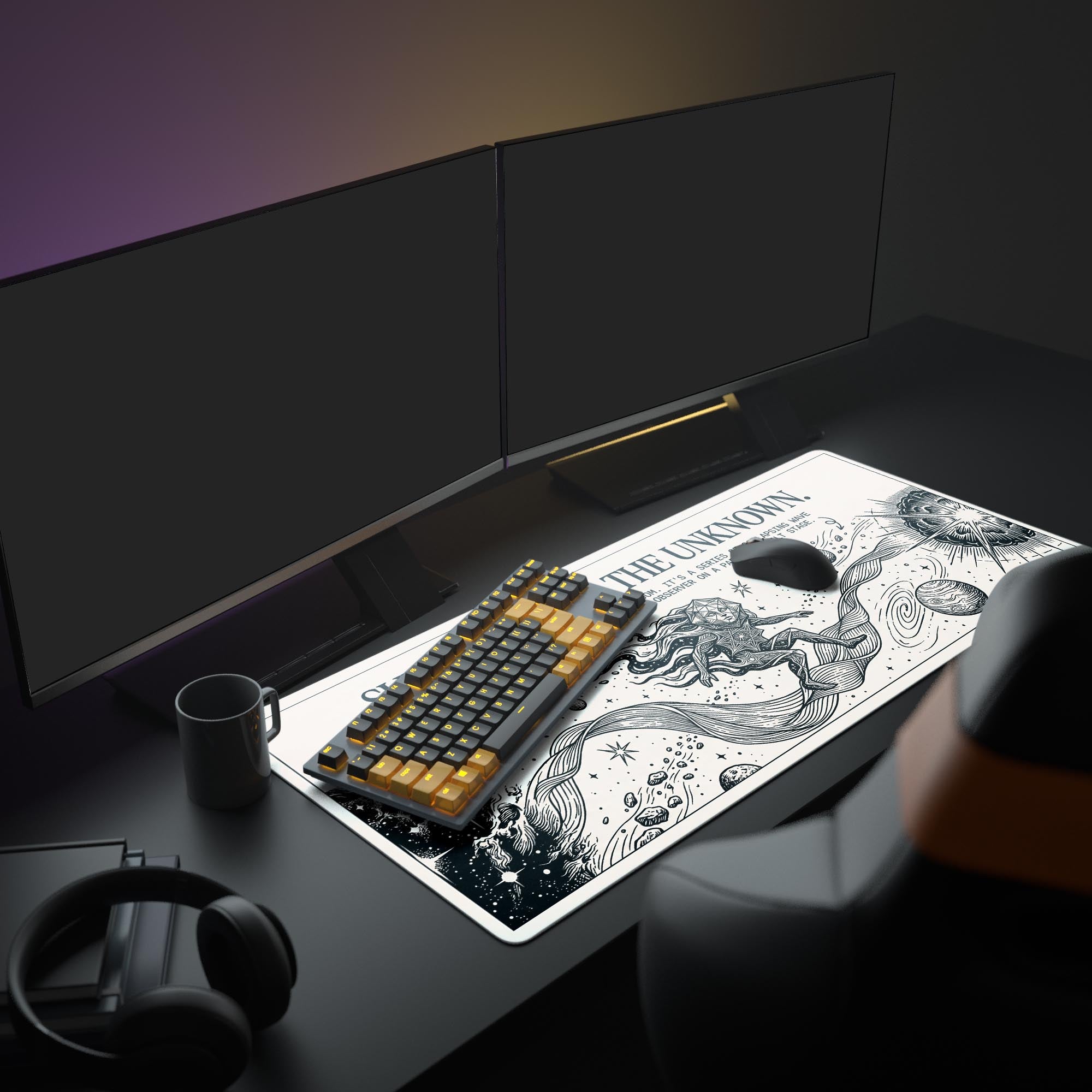 A complete minimalist PC setup featuring the black and white "Quantum Surrender" gaming desk mat. The cosmic design ties together the modern monitor, keyboard, and mouse for a clean aesthetic. - Epic Design Pads & Mousepads