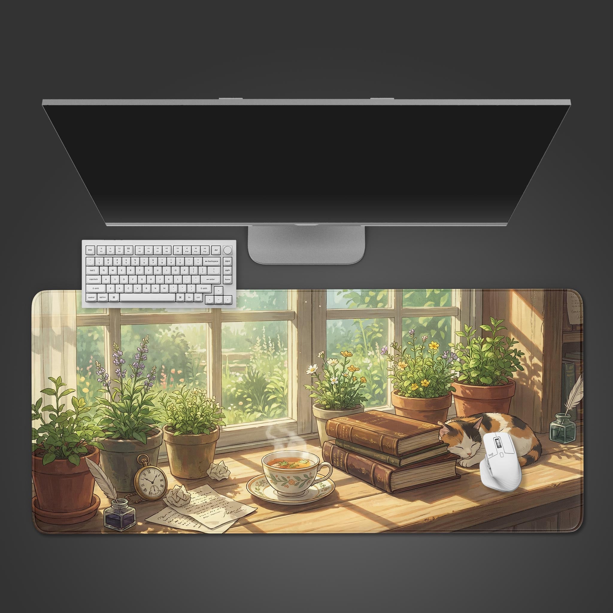 A top-down view of the Quiet Afternoon gaming desk mat, featuring a cozy window scene with a cat and books, shown with a white keyboard and mouse. - Epic Design Pads & Mousepads