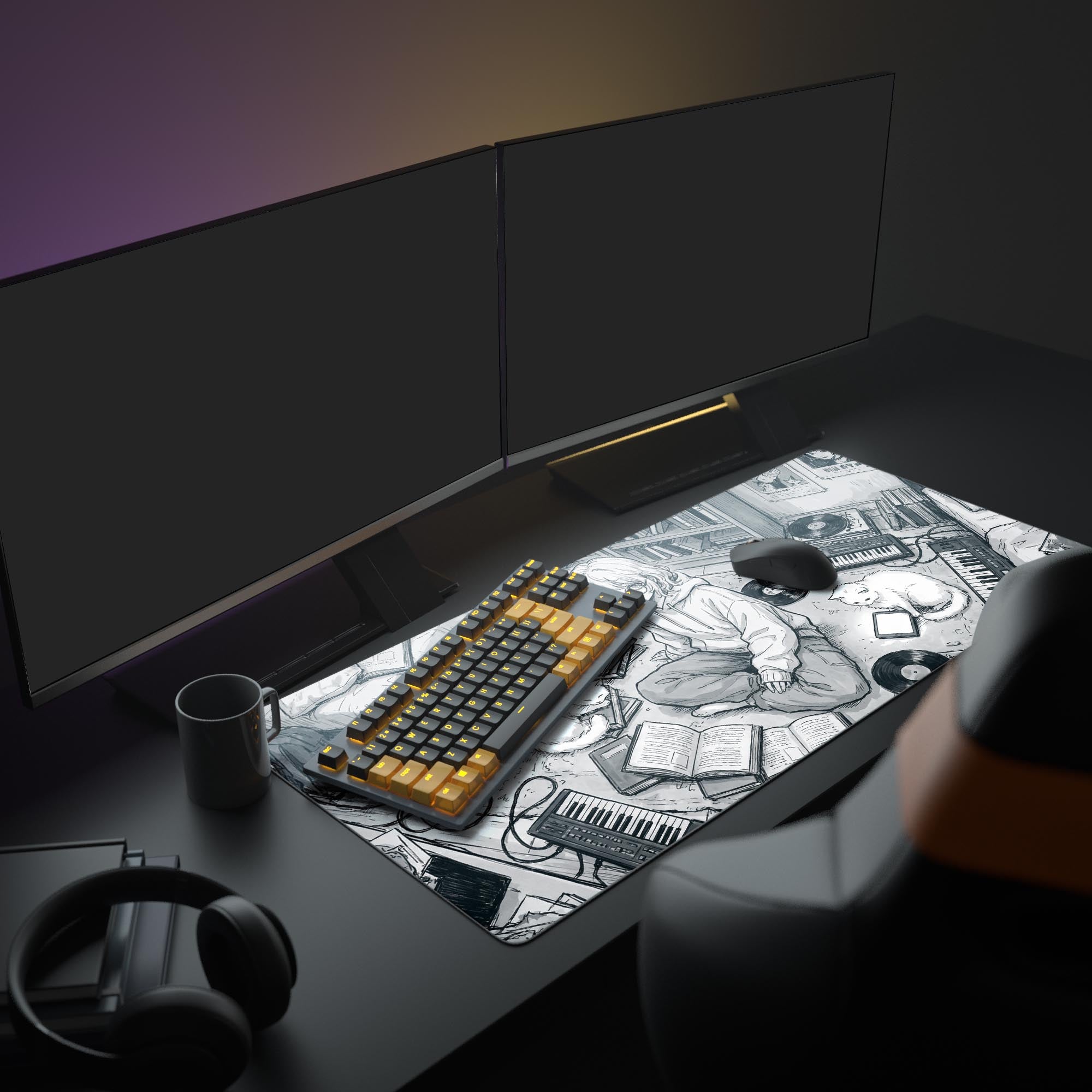 A full PC setup featuring the Quiet Composition manga art mouse pad, creating a focused, dark academia aesthetic with multiple monitors and a sleek white keyboard. - Epic Design Pads & Mousepads