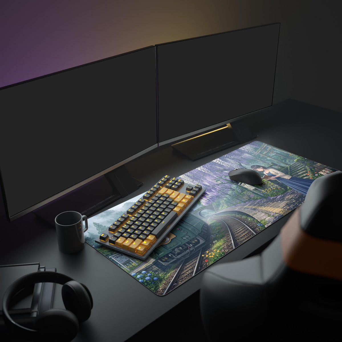 A full PC setup featuring the Quiet Departure anime gaming desk mat, complementing a monitor and creating a cozy, nature-inspired workspace. - Epic Design Pads & Mousepads