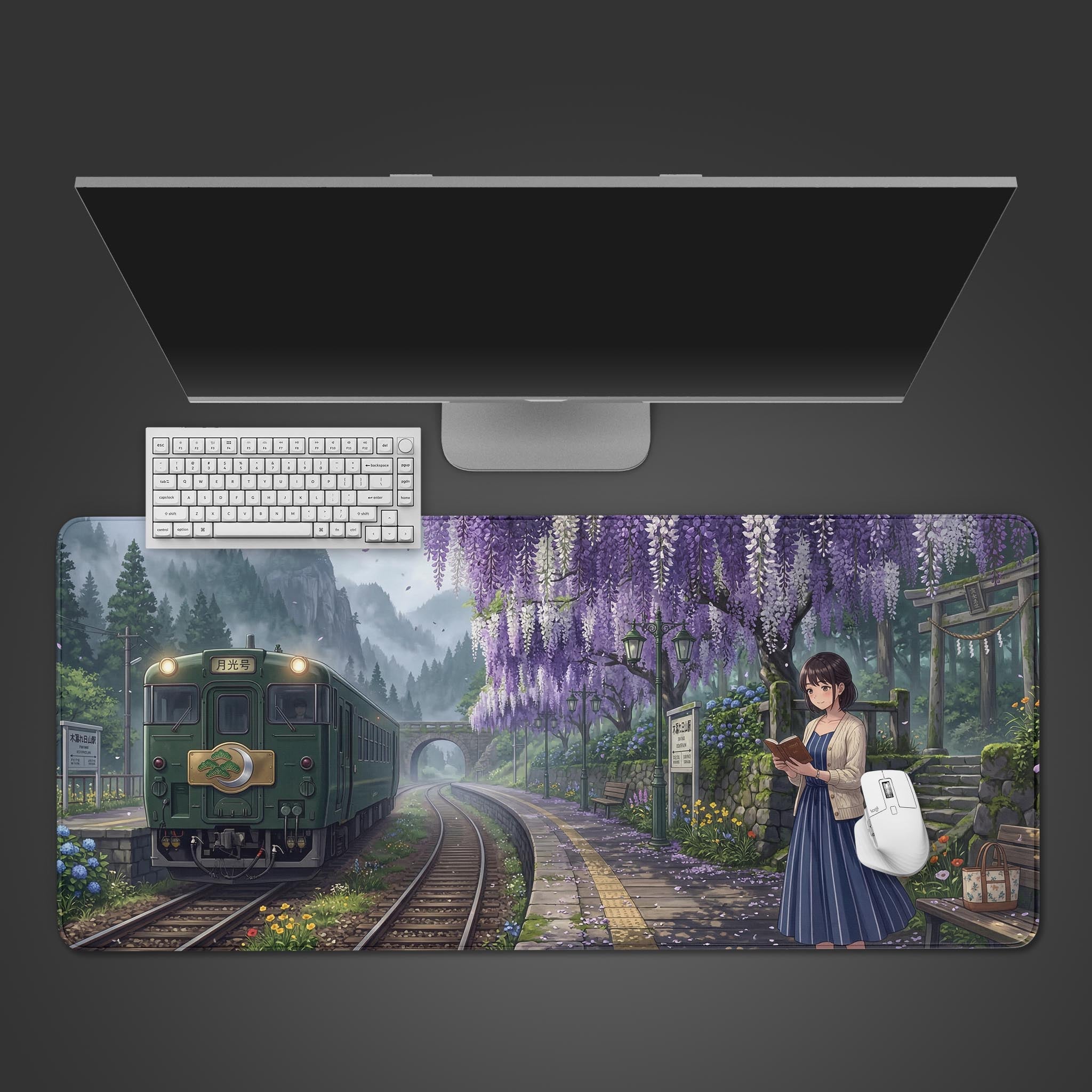 The Quiet Departure gaming desk mat shown from a top-down view with a white keyboard and mouse, illustrating the serene anime train station design. - Epic Design Pads & Mousepads