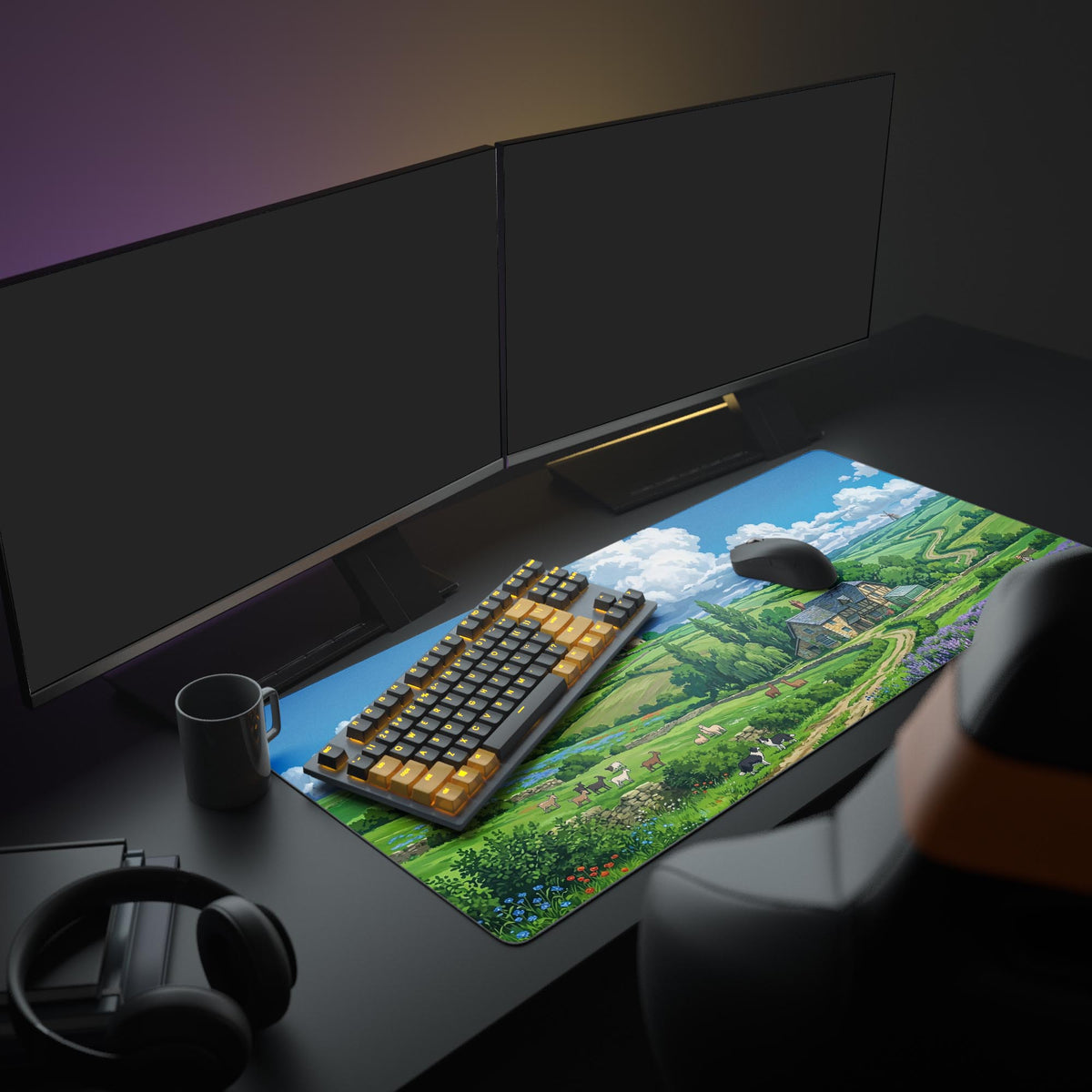 A cozy PC setup featuring the Quiet Meadow Farm anime mouse pad, which displays a vibrant green landscape beneath a large monitor and keyboard. - Epic Design Pads & Mousepads