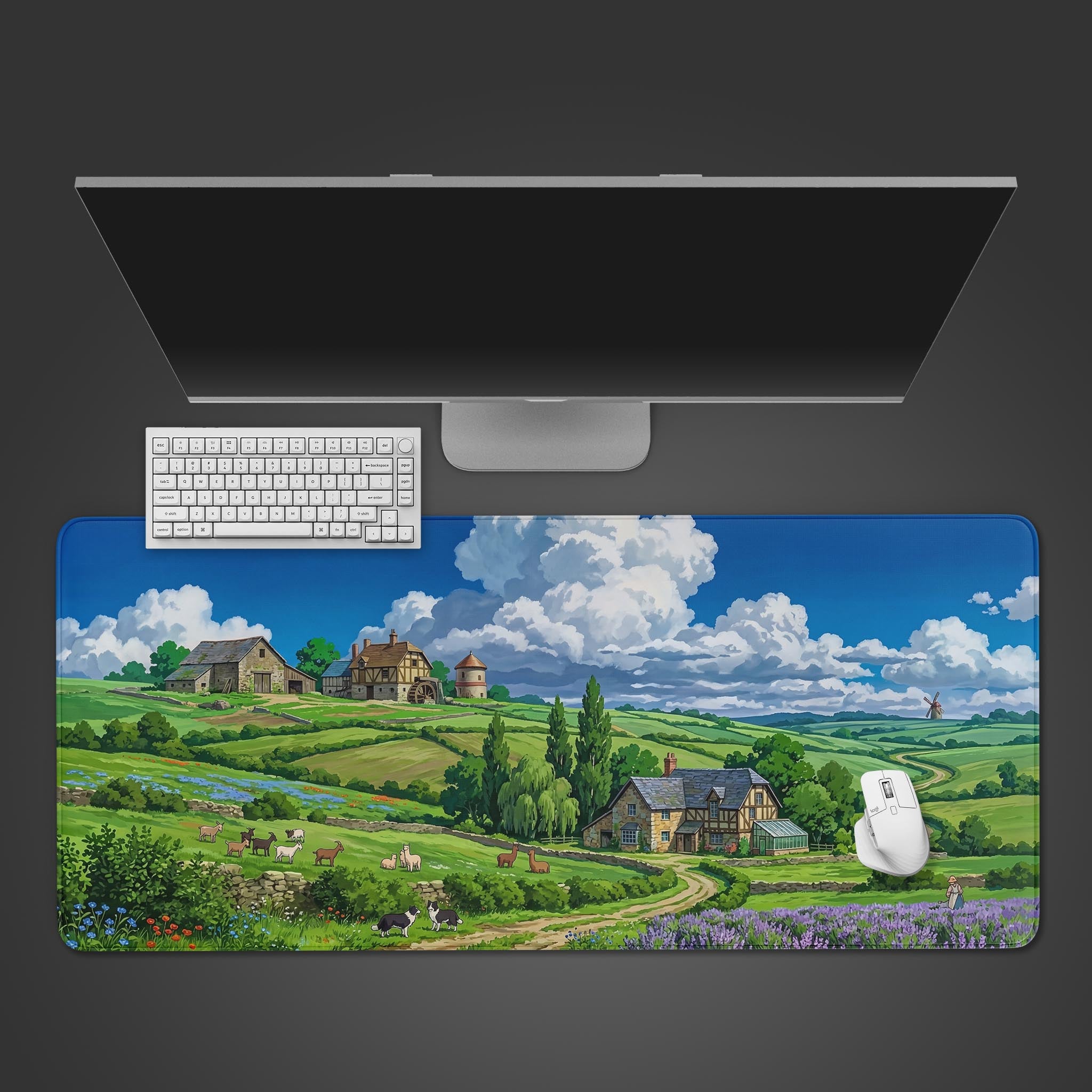 Top-down view of the Quiet Meadow Farm gaming desk mat, featuring a peaceful countryside scene, shown with a white mechanical keyboard and mouse on a dark grey surface. - Epic Design Pads & Mousepads