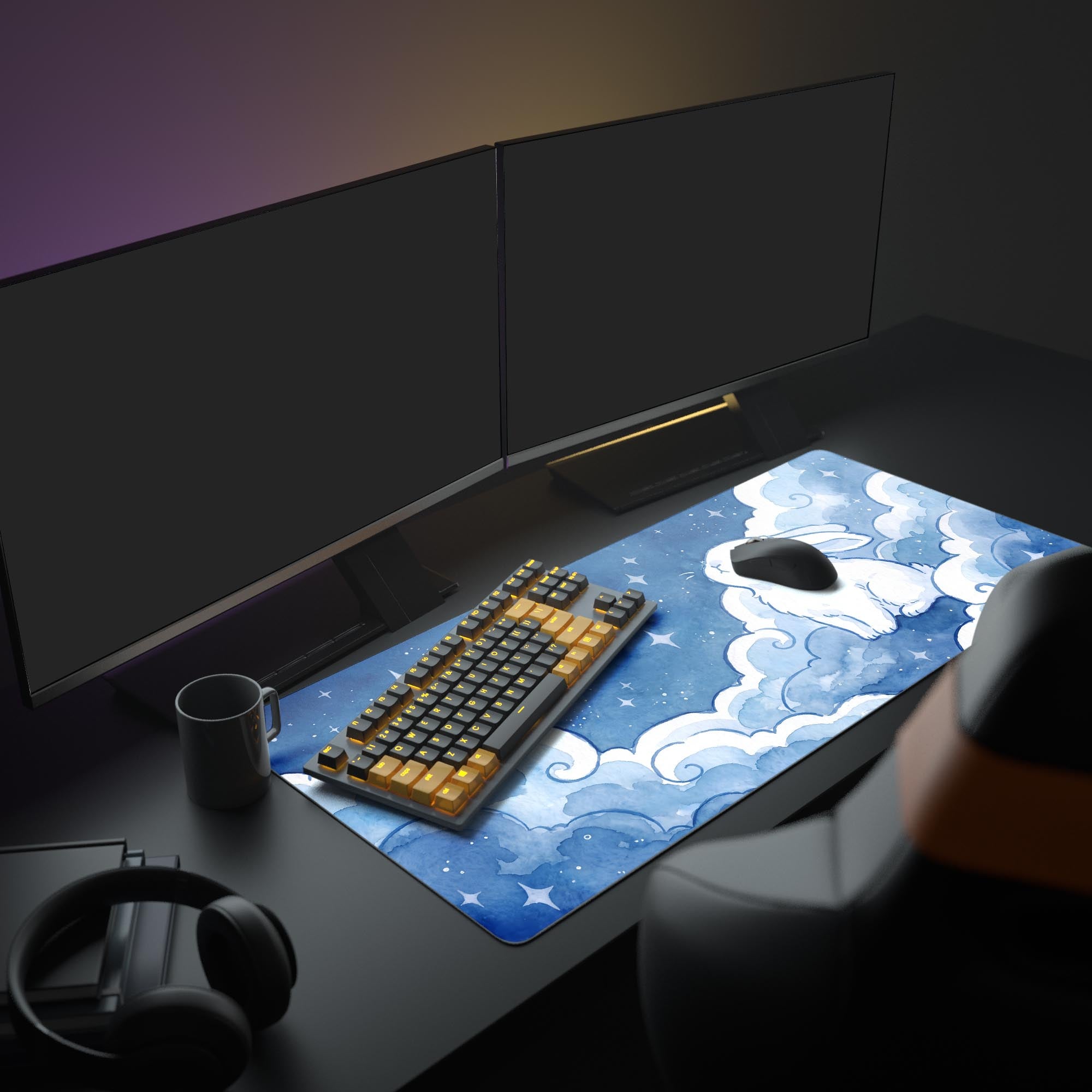 Close-up of the dreamy kawaii bunny mouse pad showing crisp watercolor print details of clouds and stars.