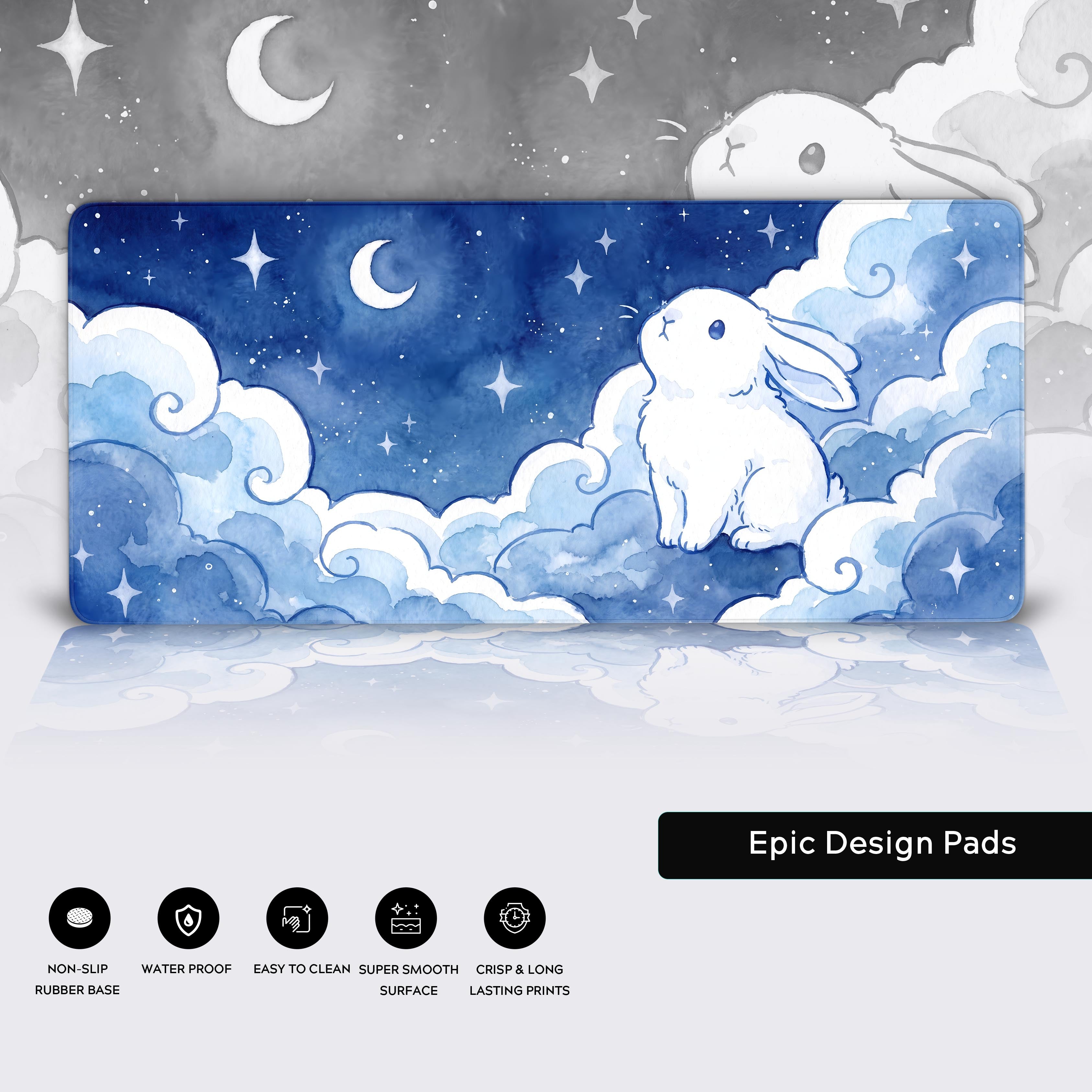 Product features overview of the cute bunny desk mat showing non-slip, waterproof, easy to clean, and smooth surface icons.
