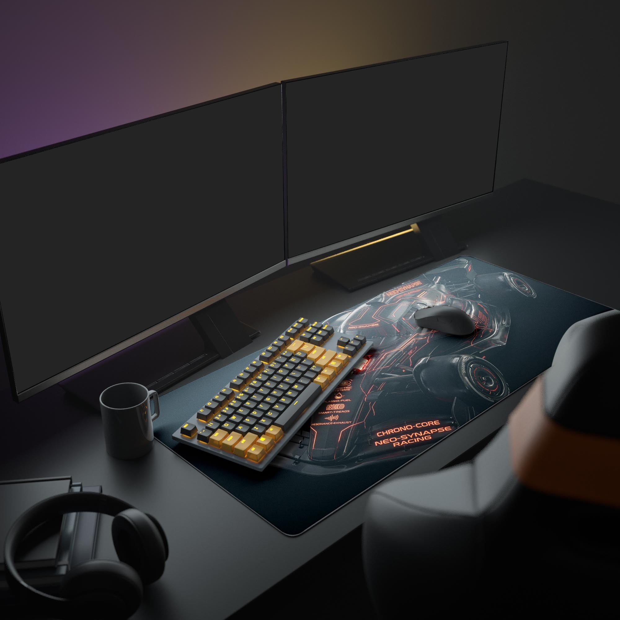 Close-up of glowing neon circuitry on a sci-fi formula race car mouse pad