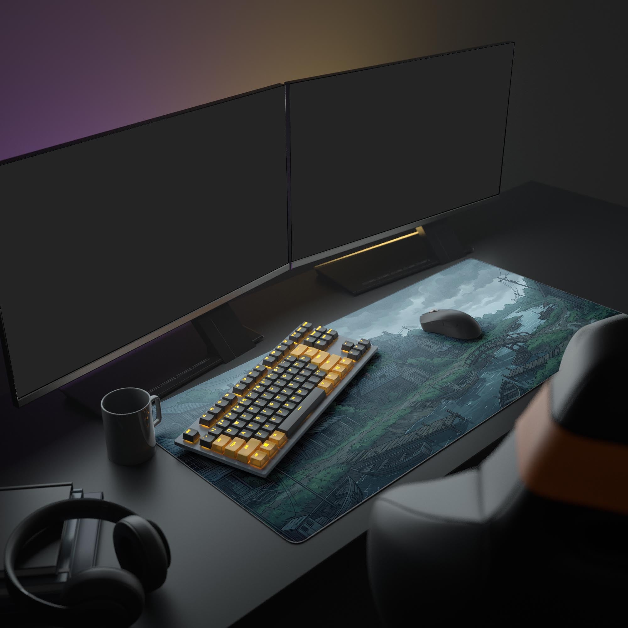 The Rainbound Harbor XL mouse pad enhances a moody PC setup, providing ample space for a gaming keyboard and mouse under a large monitor. - Epic Design Pads & Mousepads