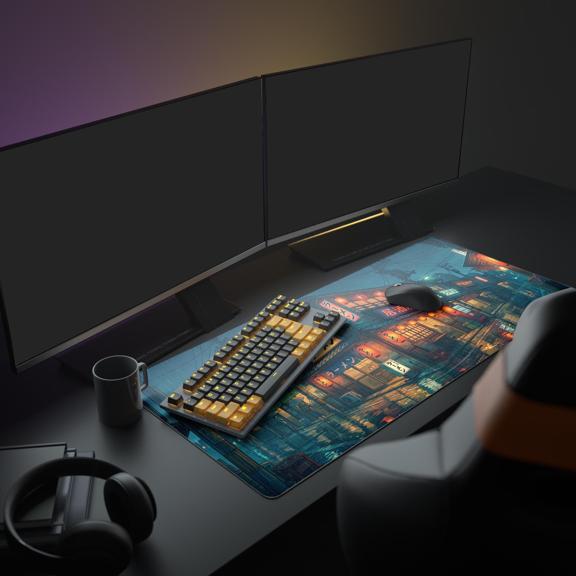 A full gaming PC setup featuring the Rainy District mouse pad, which depicts a cozy, neon-lit Japanese city scene and complements the glowing keyboard and monitor. - Epic Design Pads & Mousepads