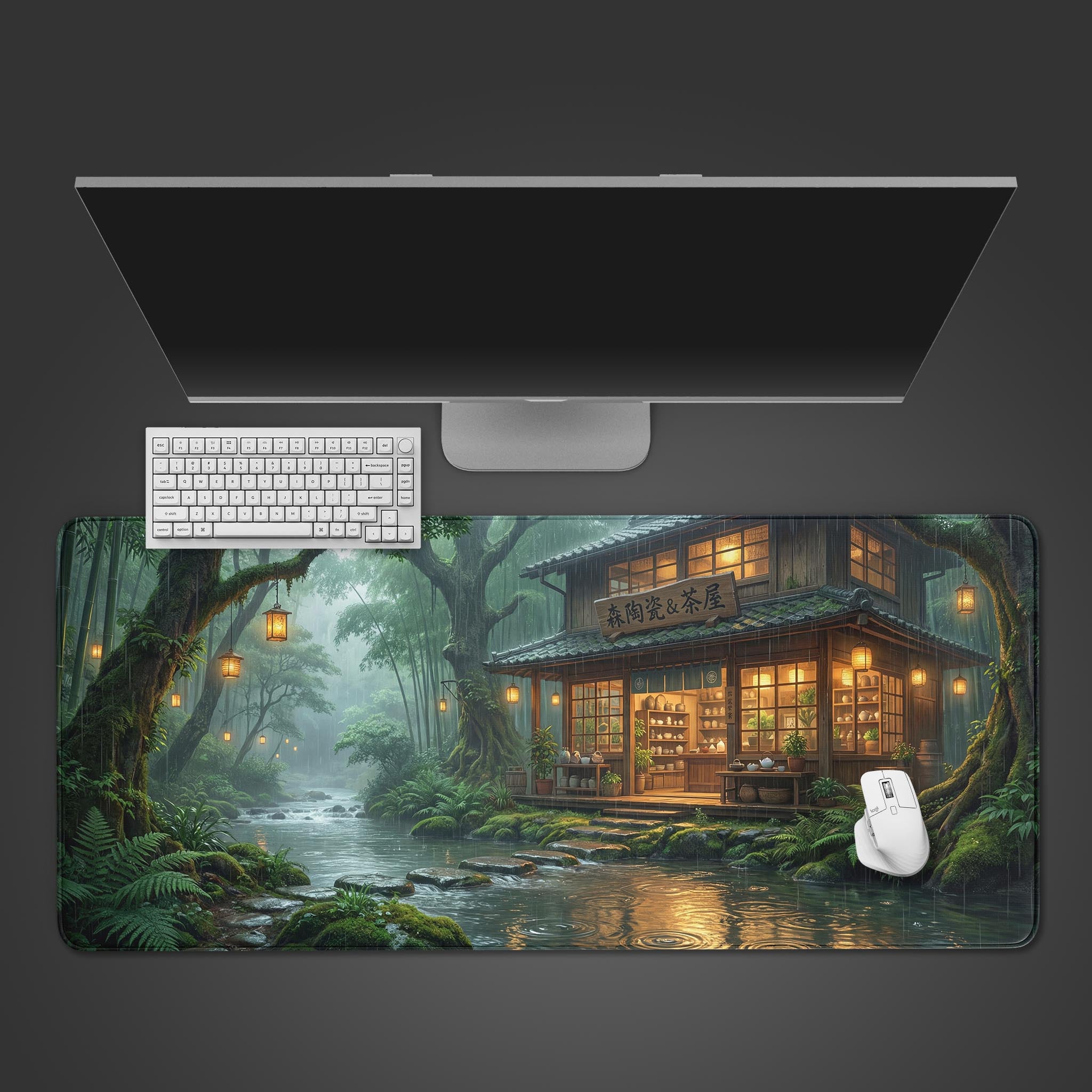 Top-down view of the Rainy Tea House gaming desk mat, showing the serene Japanese forest scene with a white keyboard and mouse. - Epic Design Pads & Mousepads