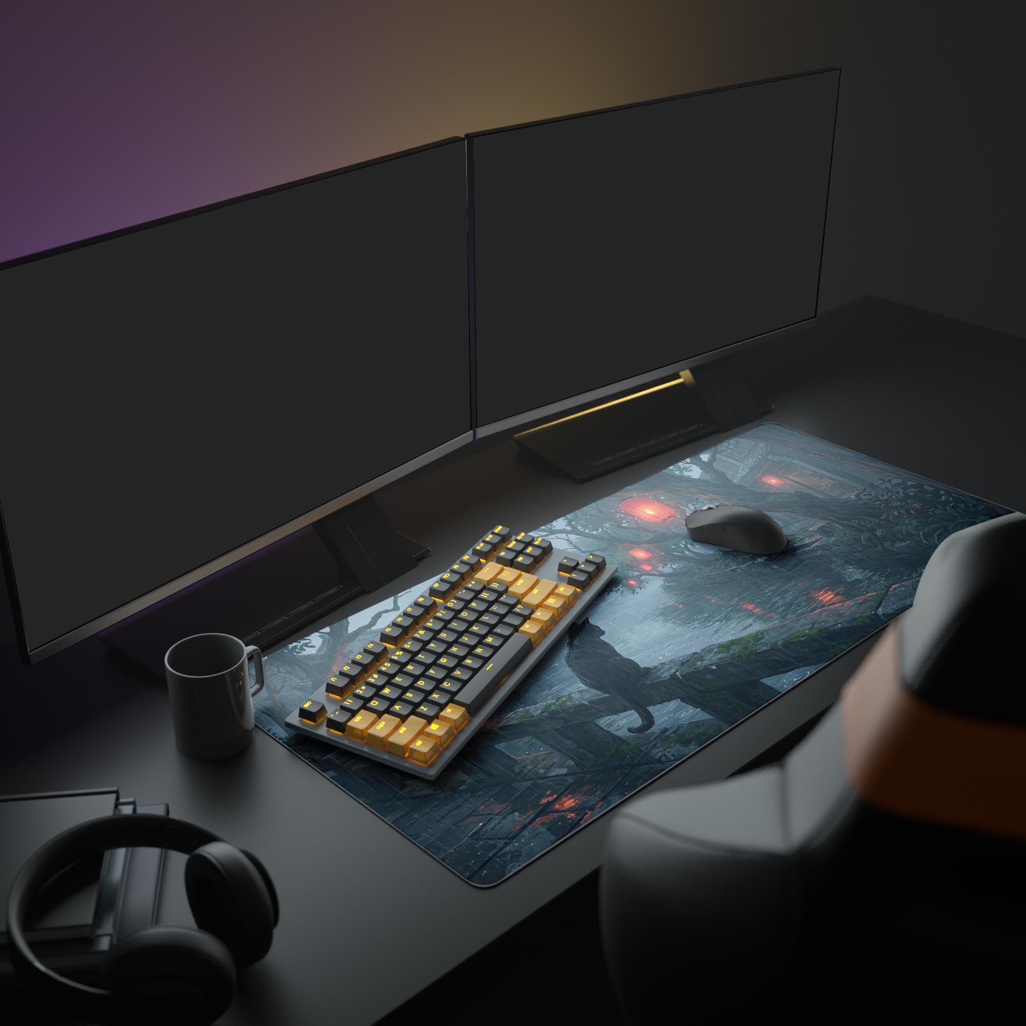 A full gaming setup featuring the Rainy Watcher XL mouse pad, showcasing the moody Japanese art design under a monitor, with an illuminated keyboard and mouse. - Epic Design Pads & Mousepads
