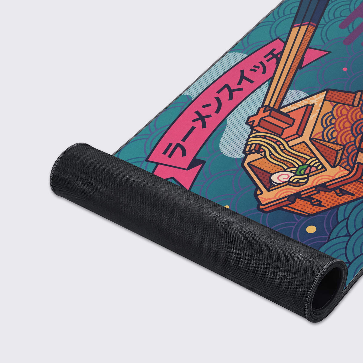 Background of the desk mat showing swirling teal Japanese waves and floating purple clouds.