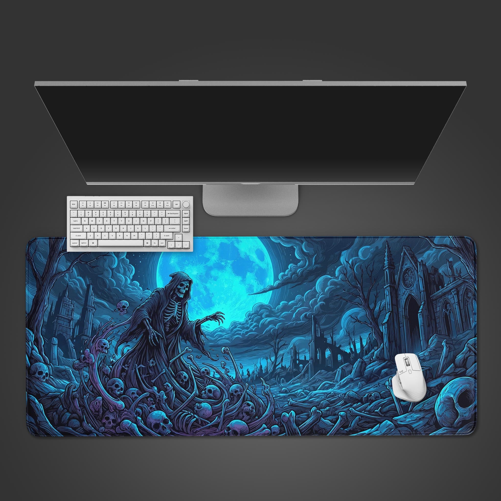 Gothic desk mat featuring a Grim Reaper under a blue moon. Top-down view shows the large surface area with a mechanical keyboard and gaming mouse. - Epic Design Pads & Mousepads