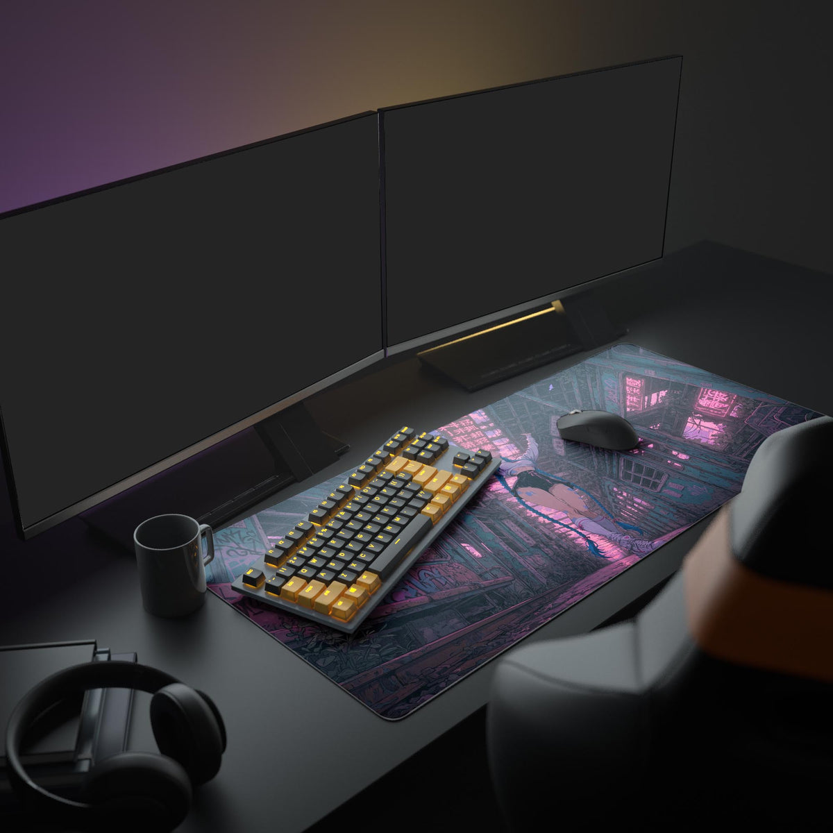 Large Rebel Decay cyberpunk gaming mouse pad in a full desk setup with dual monitors, mechanical keyboard, and headphones. - Epic Design Pads & Mousepads