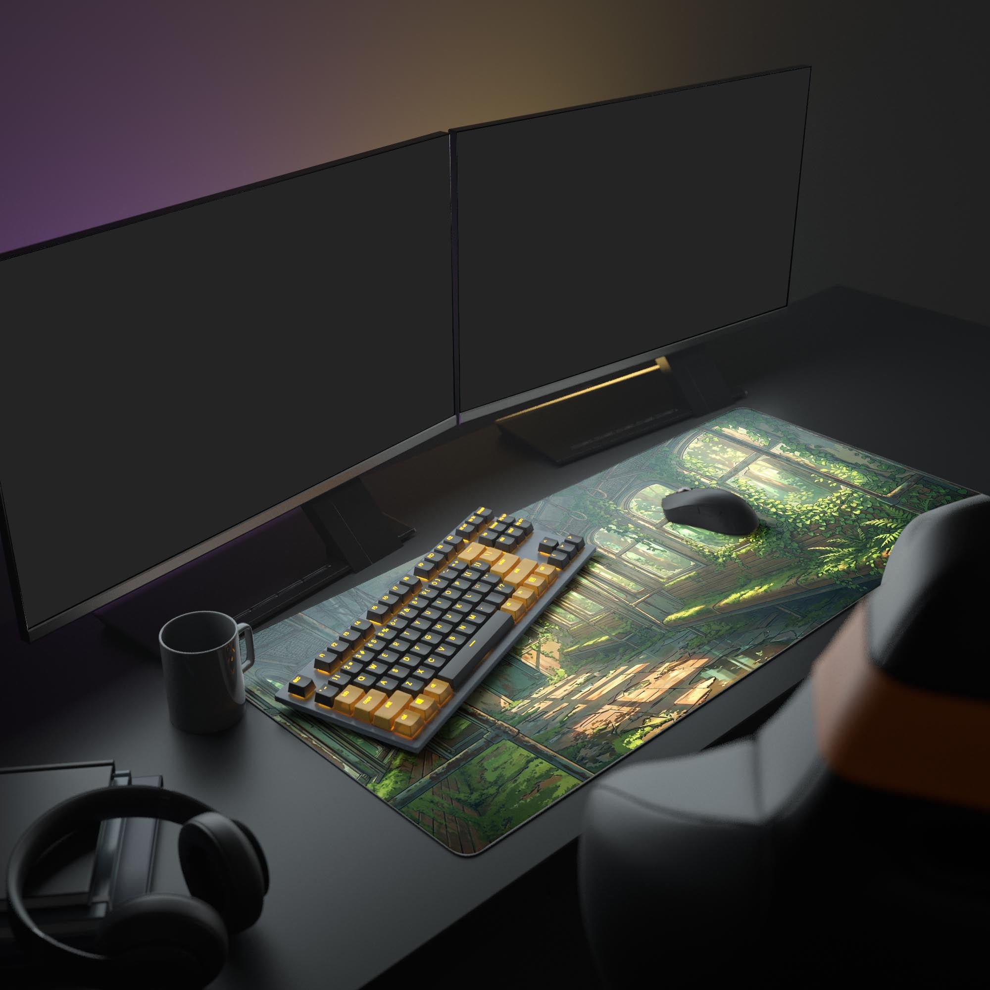 A full gaming setup featuring the Reclaimed Rails Mouse Pad, showing the serene, overgrown train car design complementing a monitor and peripherals. - Epic Design Pads & Mousepads