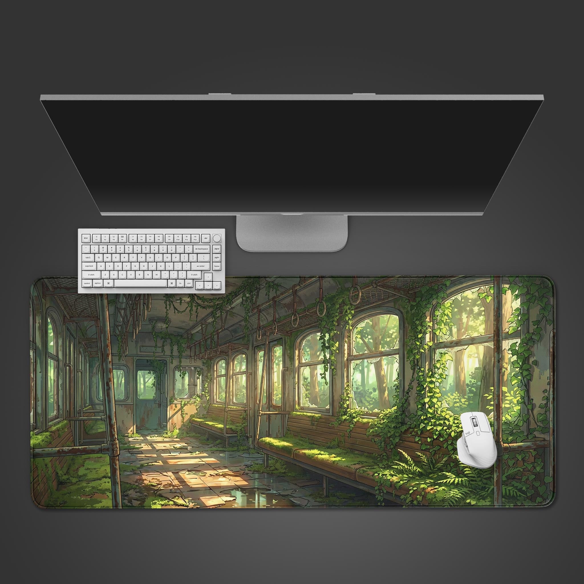 Top-down view of the Reclaimed Rails Gaming Desk Mat, featuring an overgrown train car design, with a sleek white keyboard and mouse. - Epic Design Pads & Mousepads