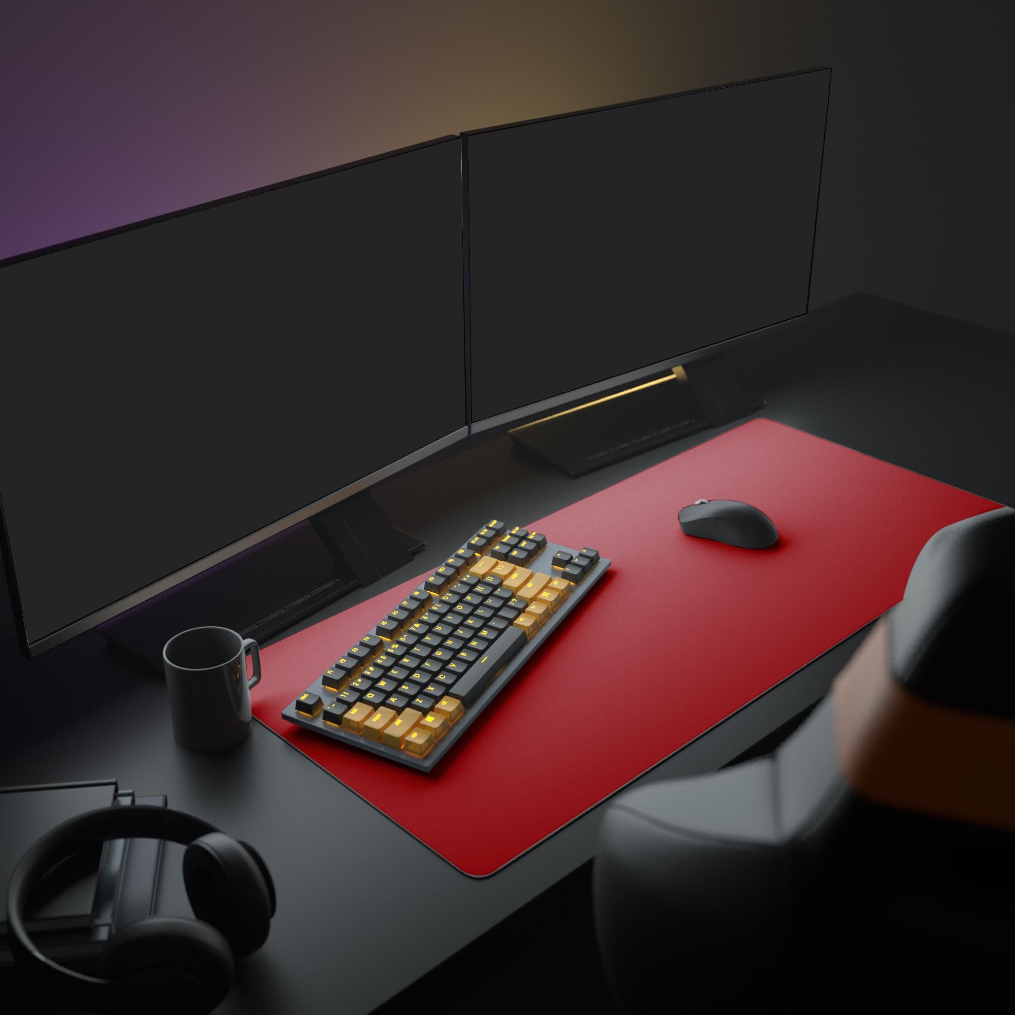 A modern PC setup featuring the vibrant red gaming desk mat, enhancing a workspace with a large monitor, white keyboard, and mouse. - Epic Design Pads & Mousepads