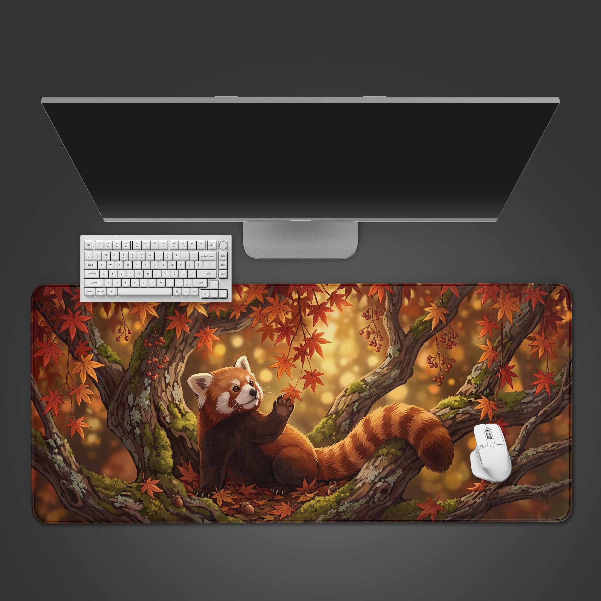 Autumn Red Panda desk mat featuring vibrant orange maple leaves and golden forest lighting