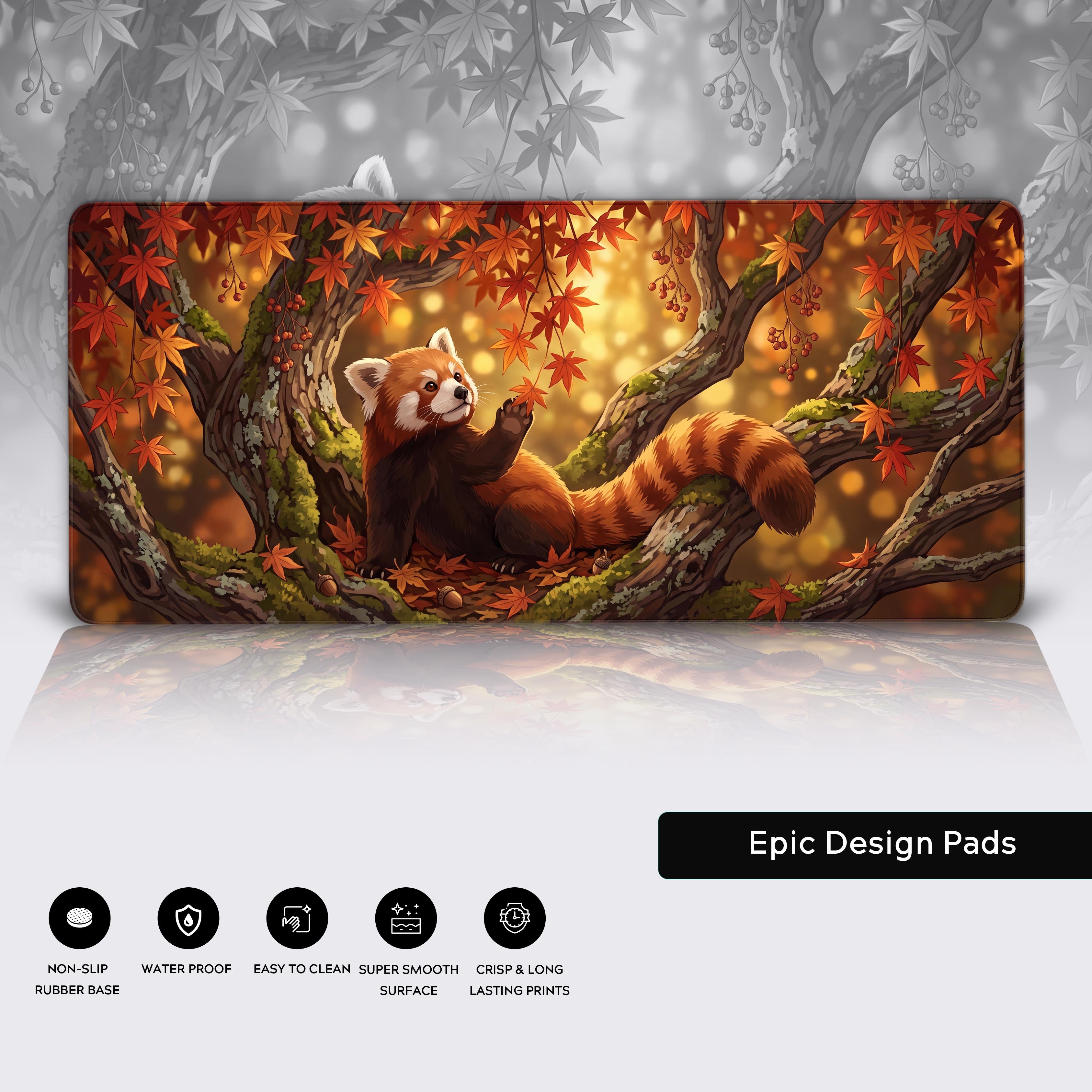 Epic Design Pads desk mat displaying non-slip rubber base and crisp long-lasting red panda print features