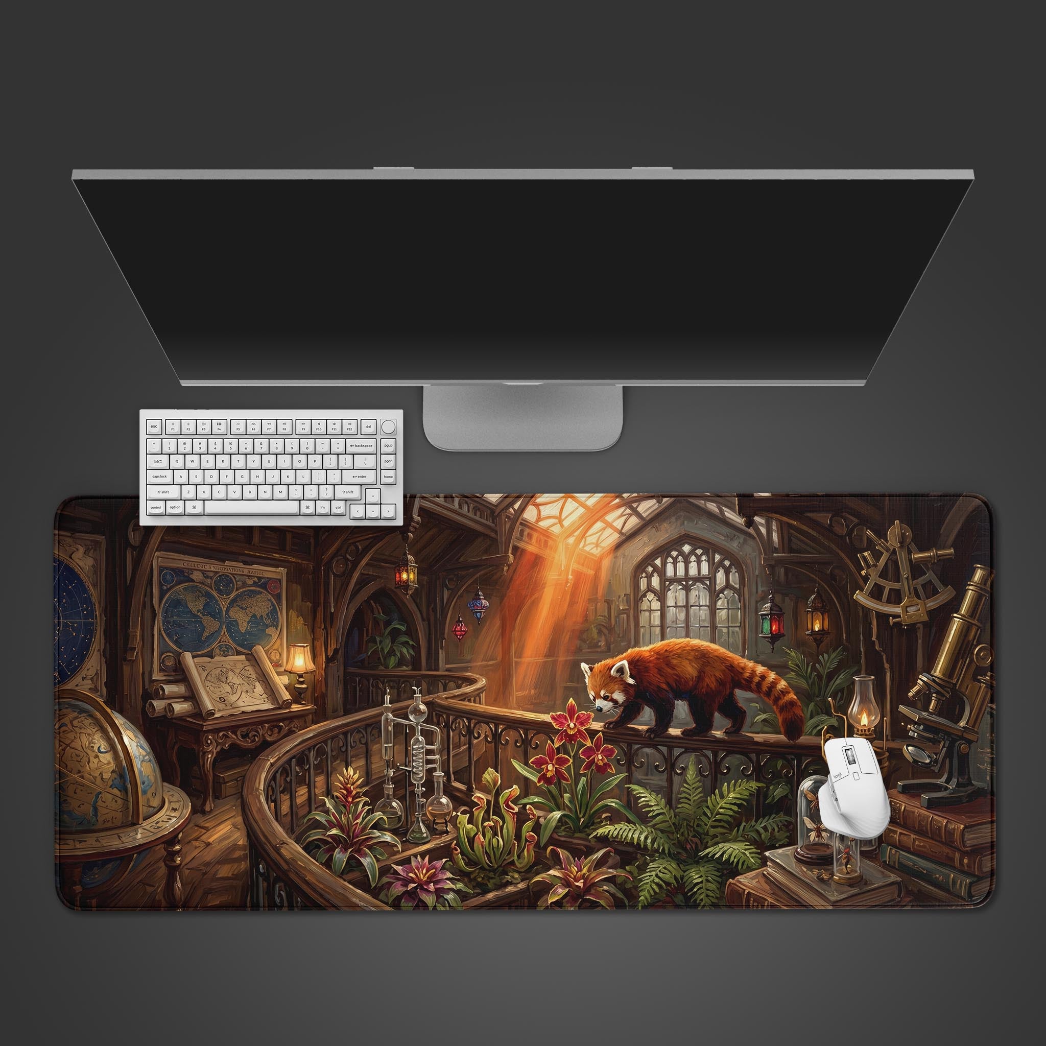 A red panda walking along a wooden balcony in a vintage sunlit study desk mat