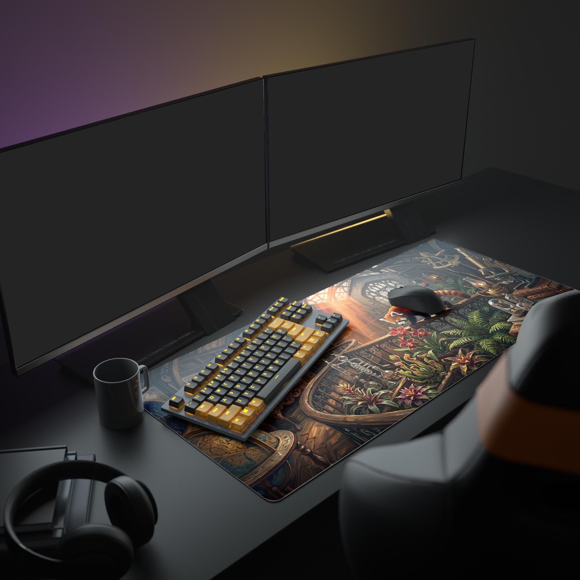 Close-up of botanical plants, a globe, and a microscope on a dark academia aesthetic pad