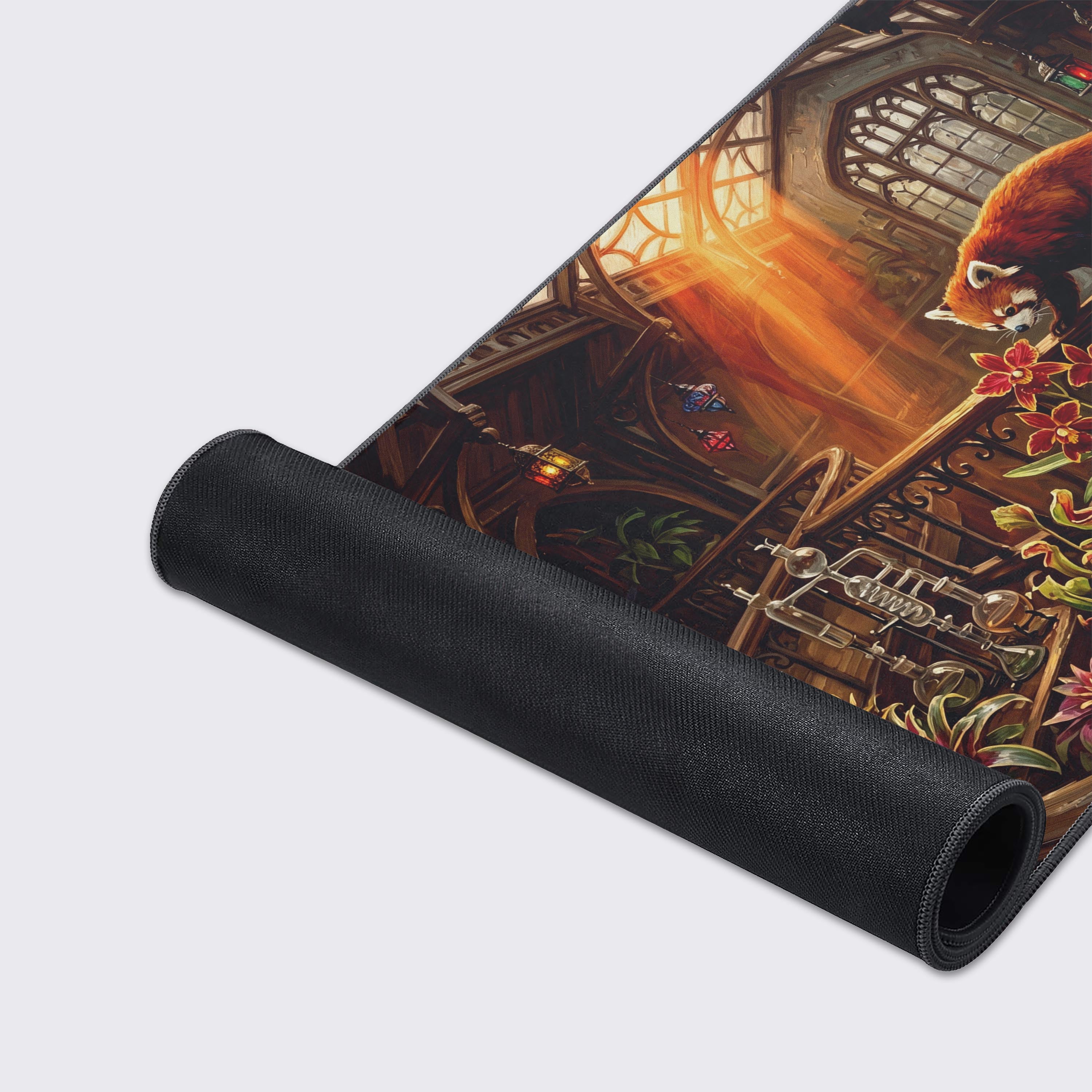 Waterproof and non-slip rubber base features of the red panda wildlife desk mat