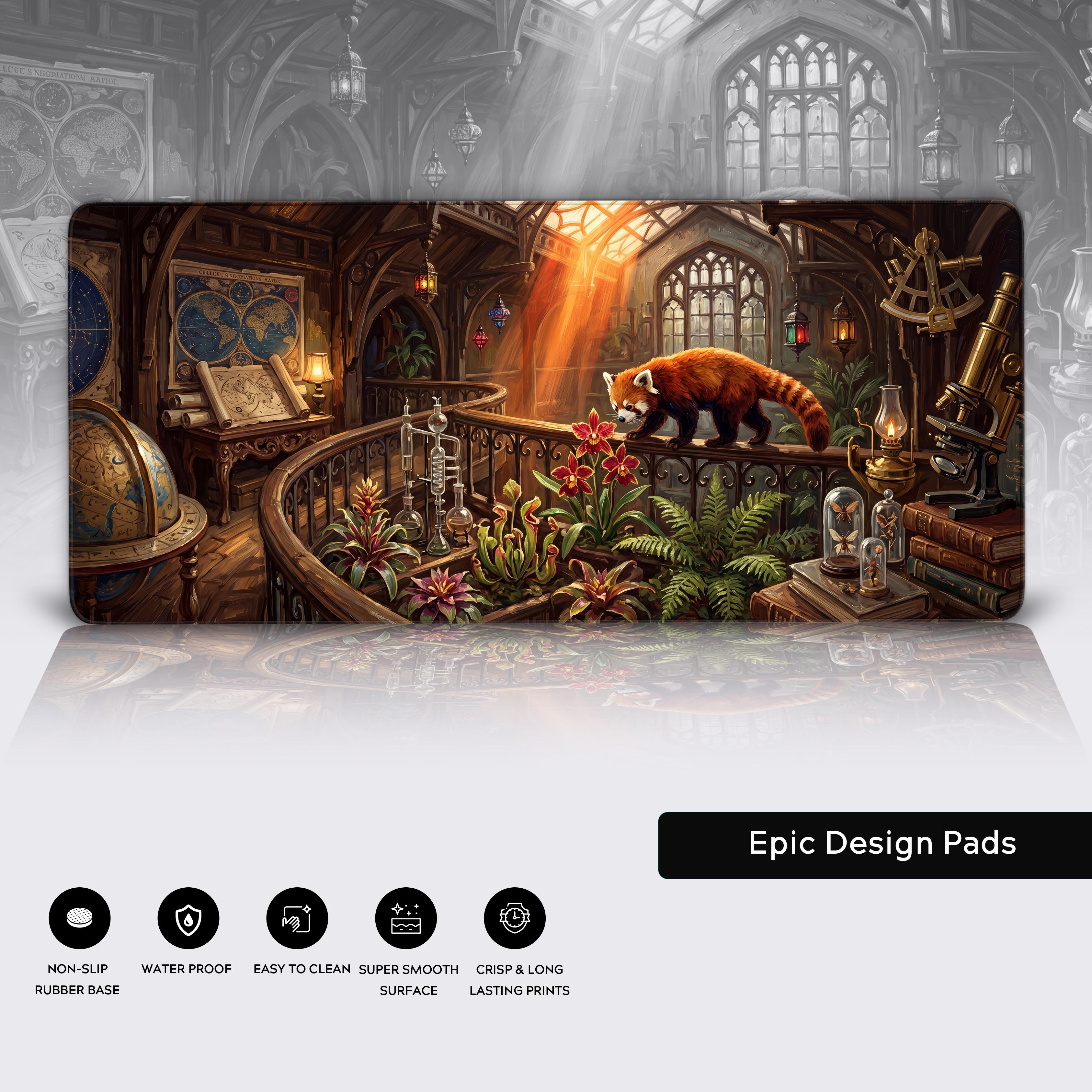Full view of the vintage scholarly red panda XL gaming mouse pad layout