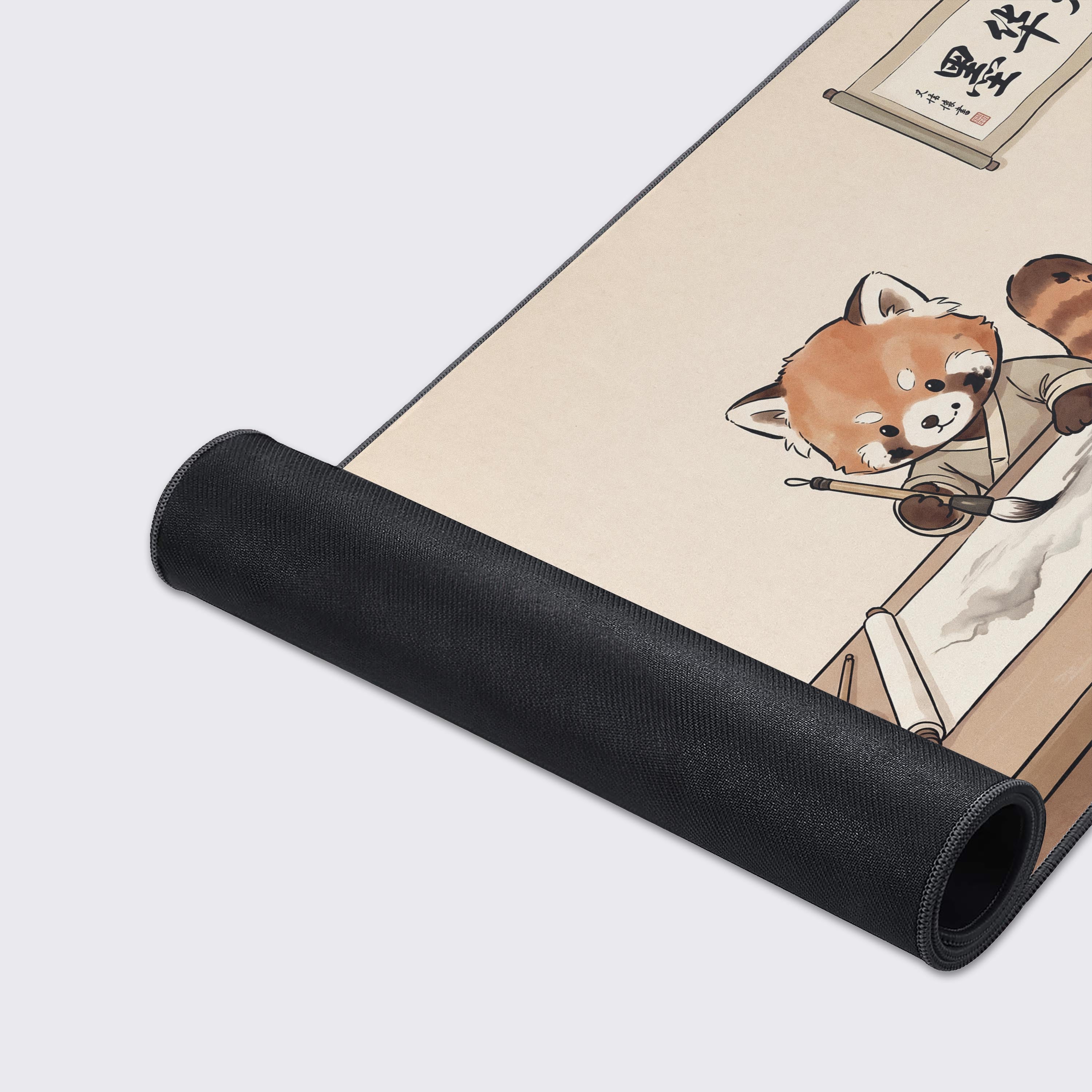 Aesthetic desk setup featuring a desk mat with a red panda, bonsai tree, and guqin instrument.